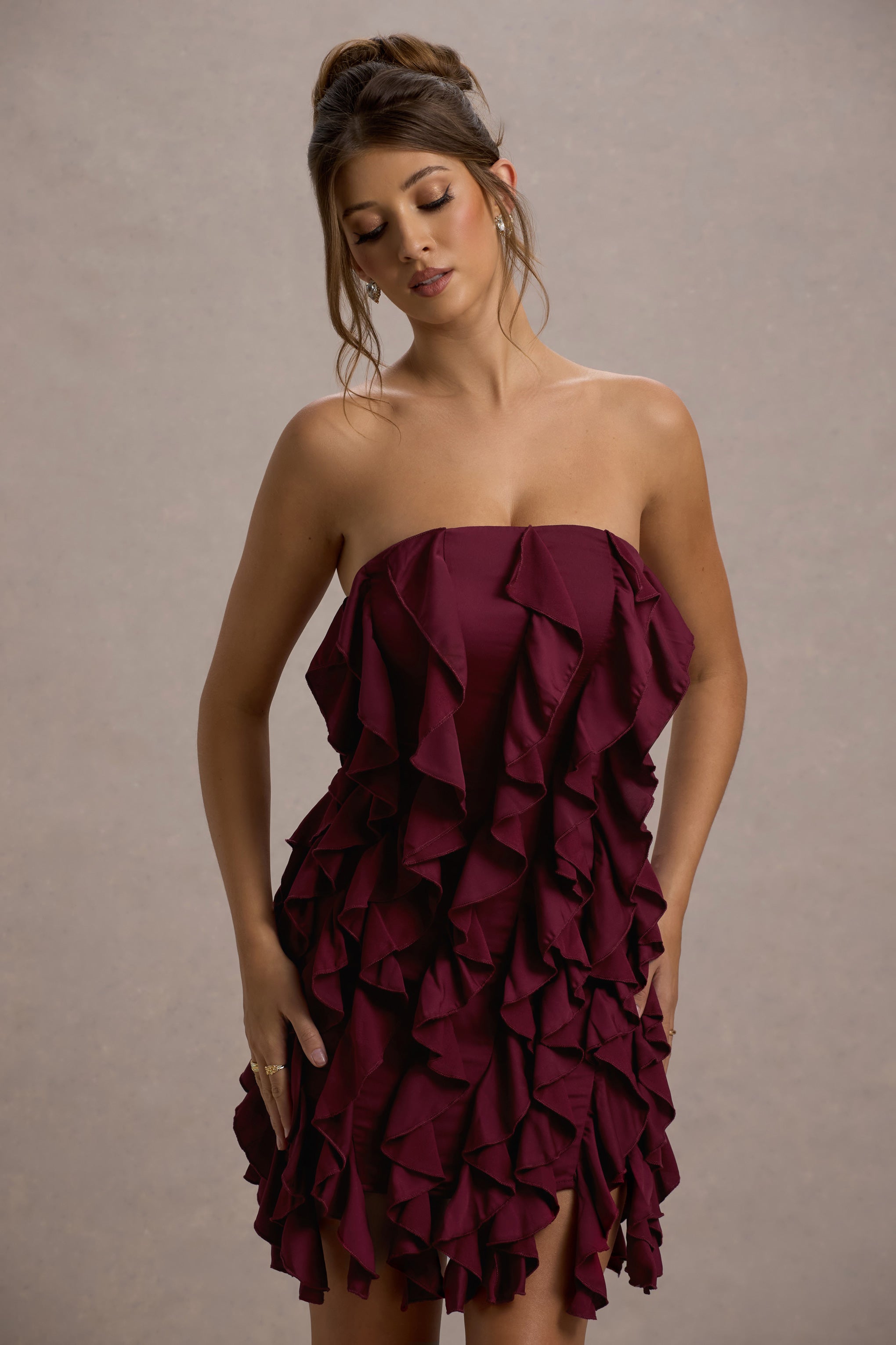 It Girl | Plum Bandeau Bodycon Mini Dress With Ruffles