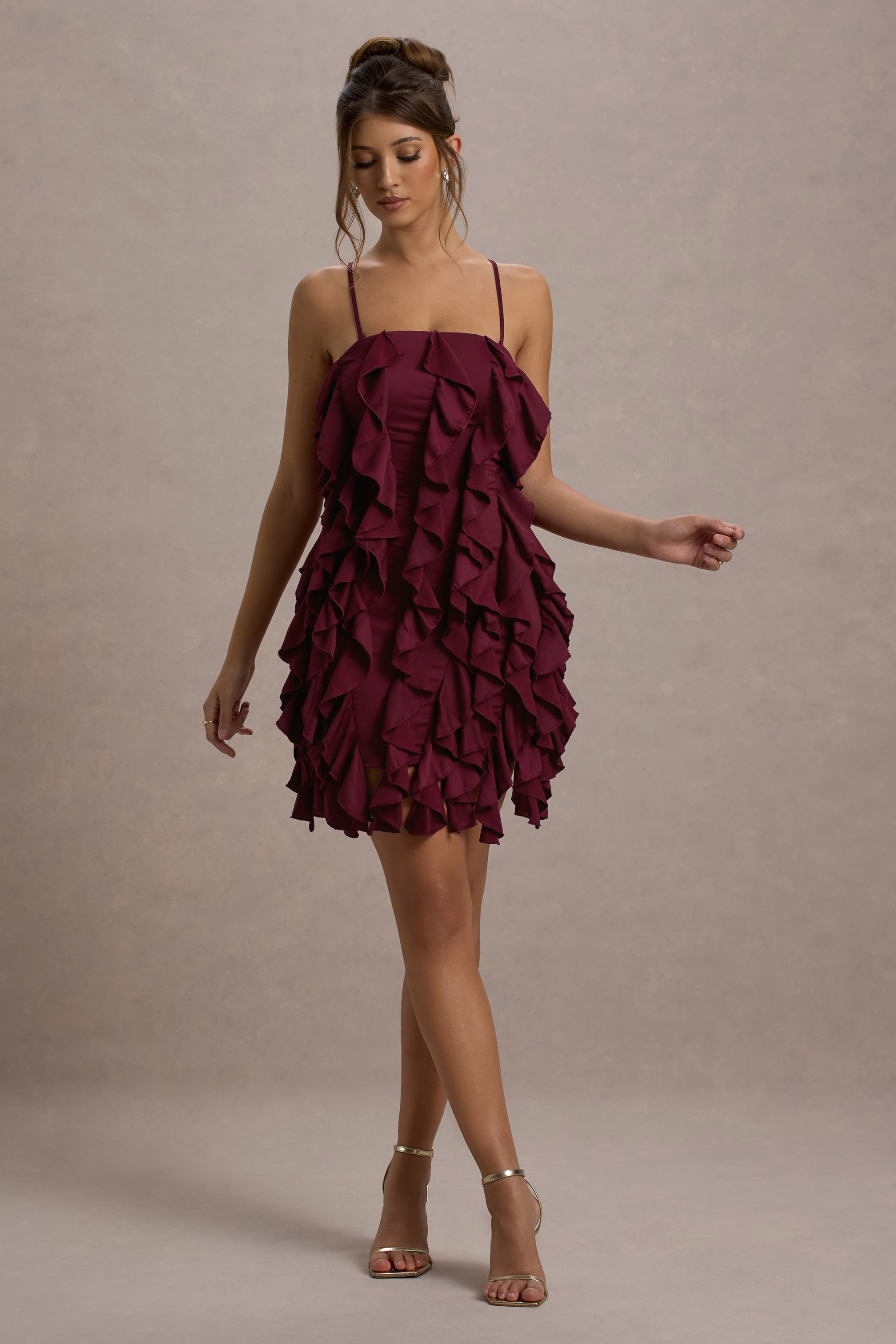 It Girl | Plum Bandeau Bodycon Mini Dress With Ruffles