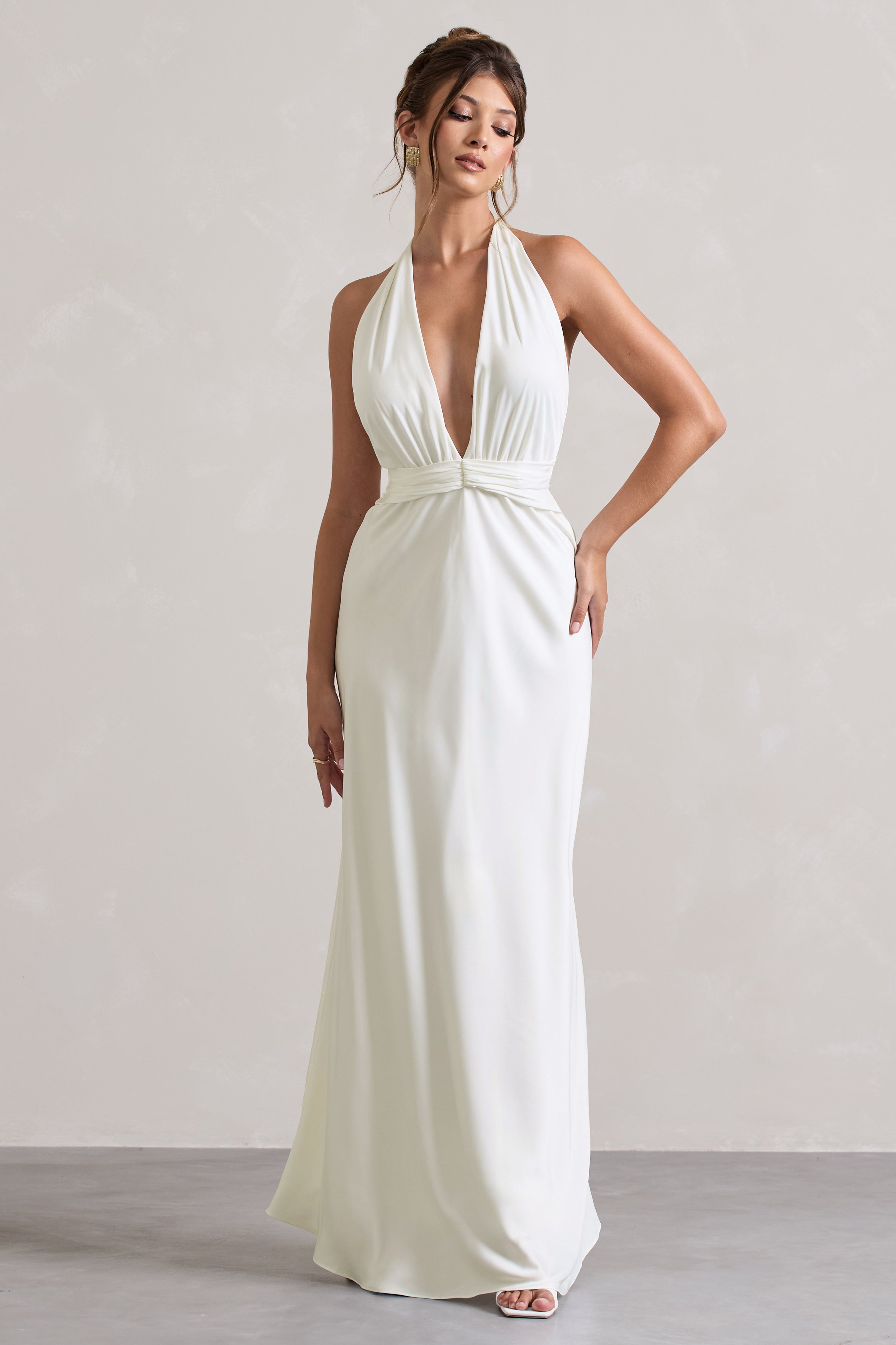 Carolyn | Ivory Satin Plunge Maxi Dress With Dipped Hem