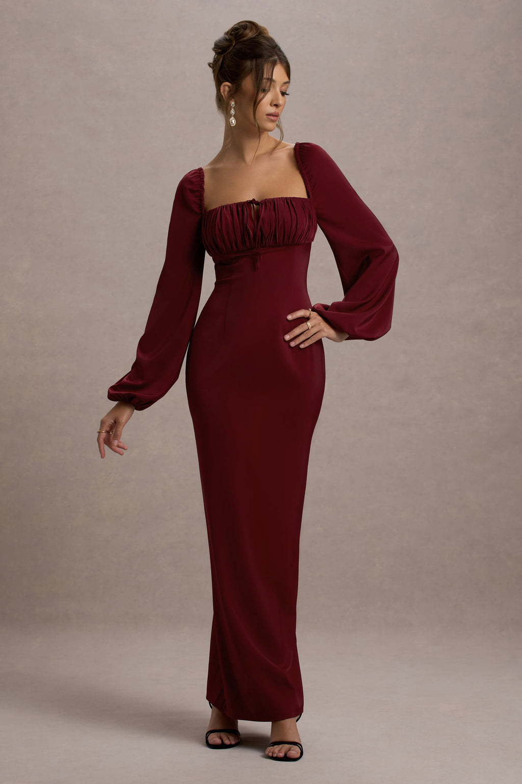 Nika | Berry Satin Square-Neck Balloon-Sleeve Maxi Dress