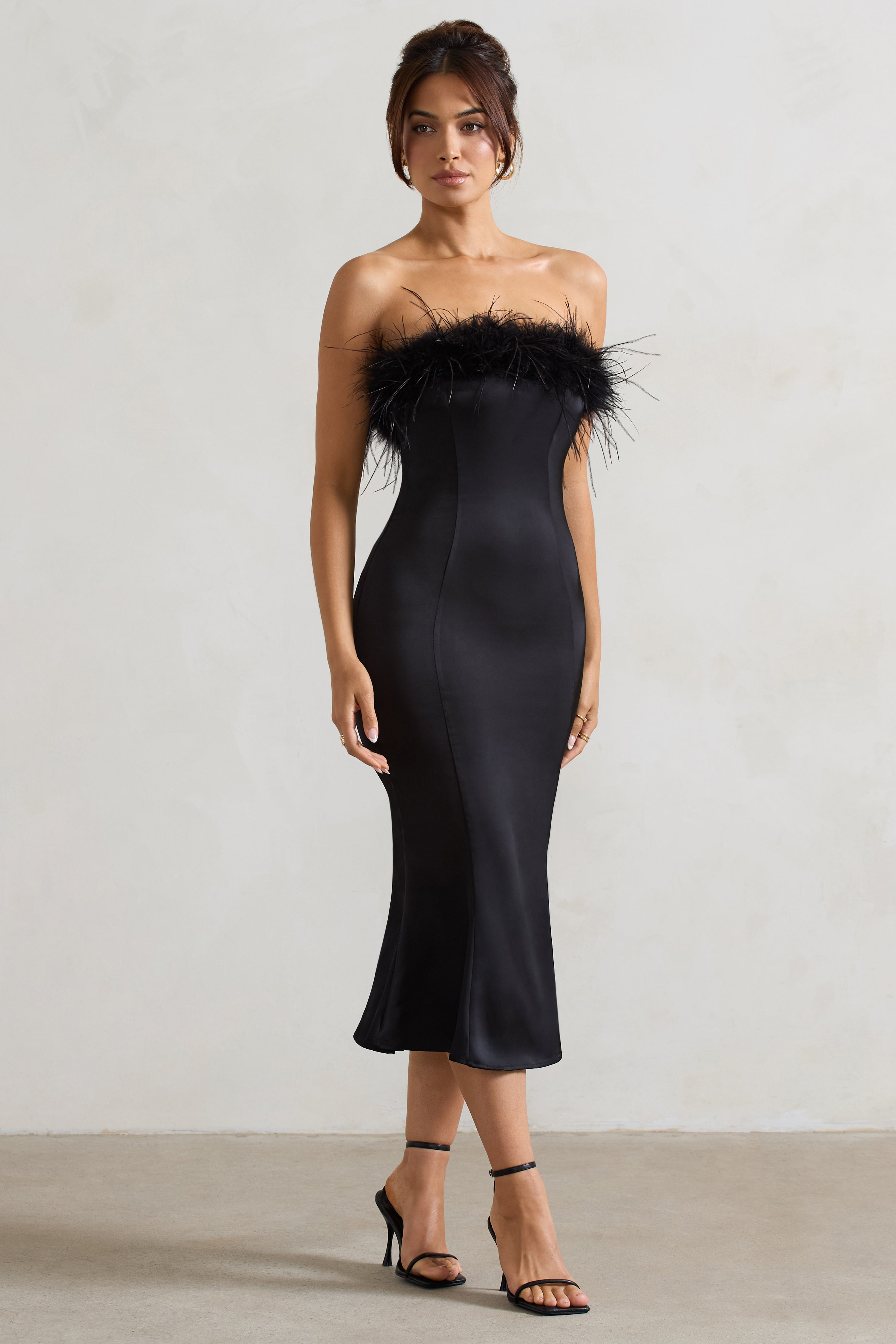 One And Only | Black Satin Feather Trim Bandeau Midi Dress