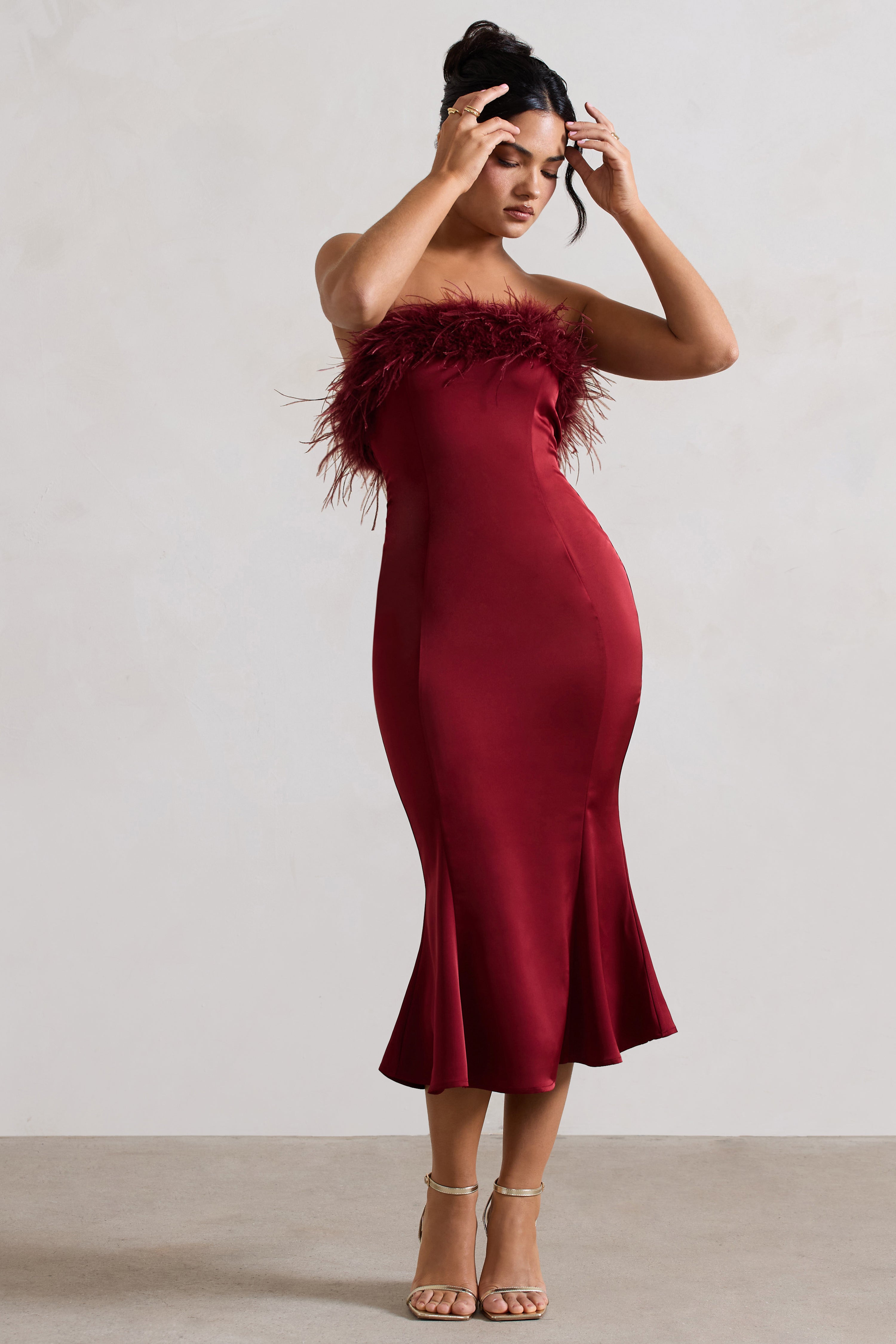 One And Only | Berry Satin Feather Trim Bandeau Midi Dress