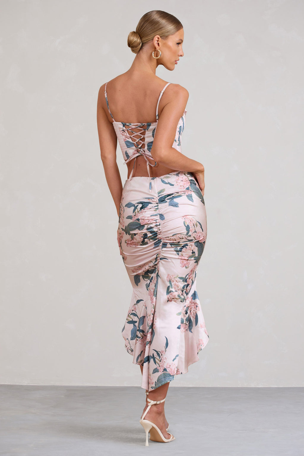 Per Favore | Pink Satin Ruched Split Maxi Skirt