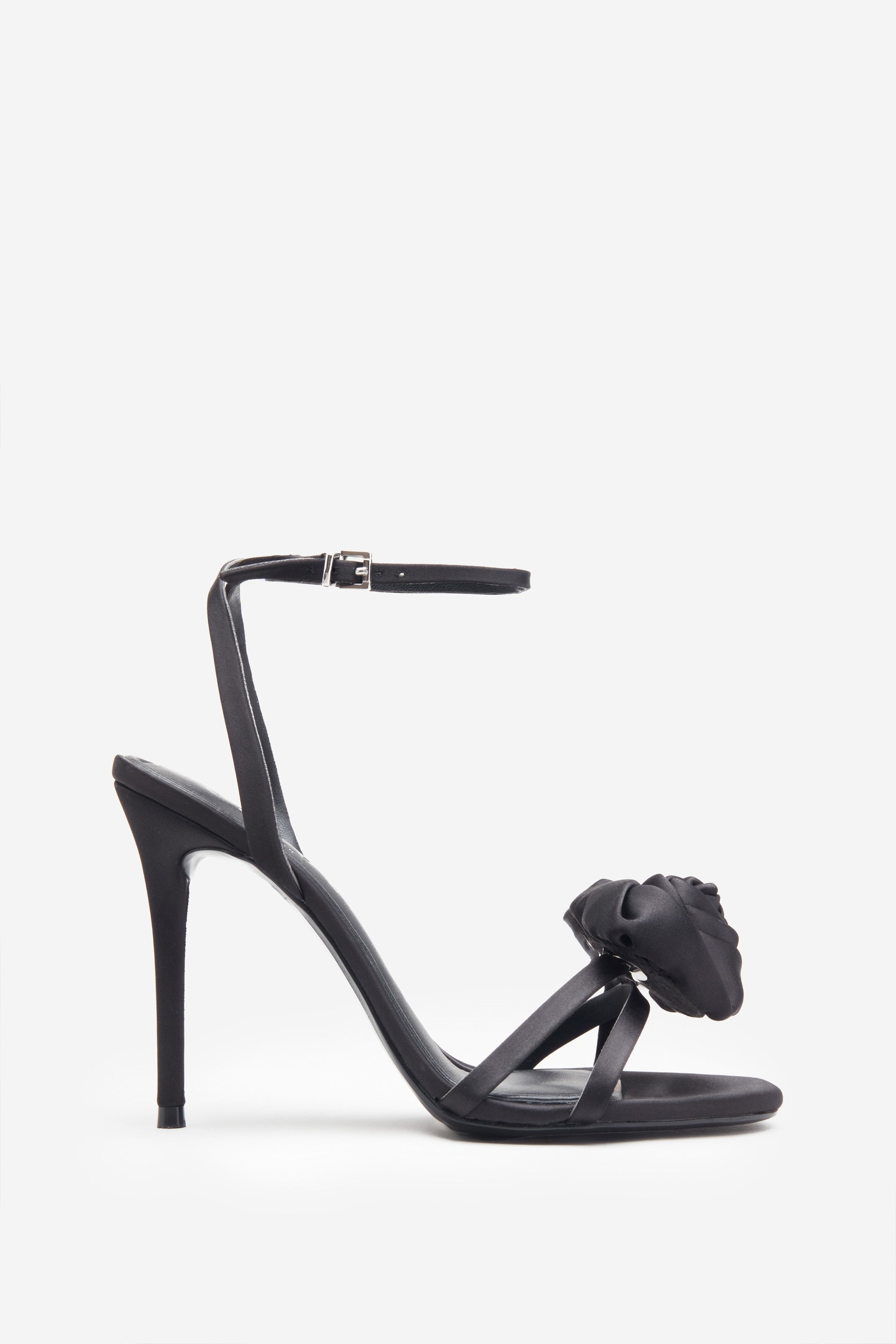Sweet Step | Black Satin Strappy Heeled Sandals With Flowers
