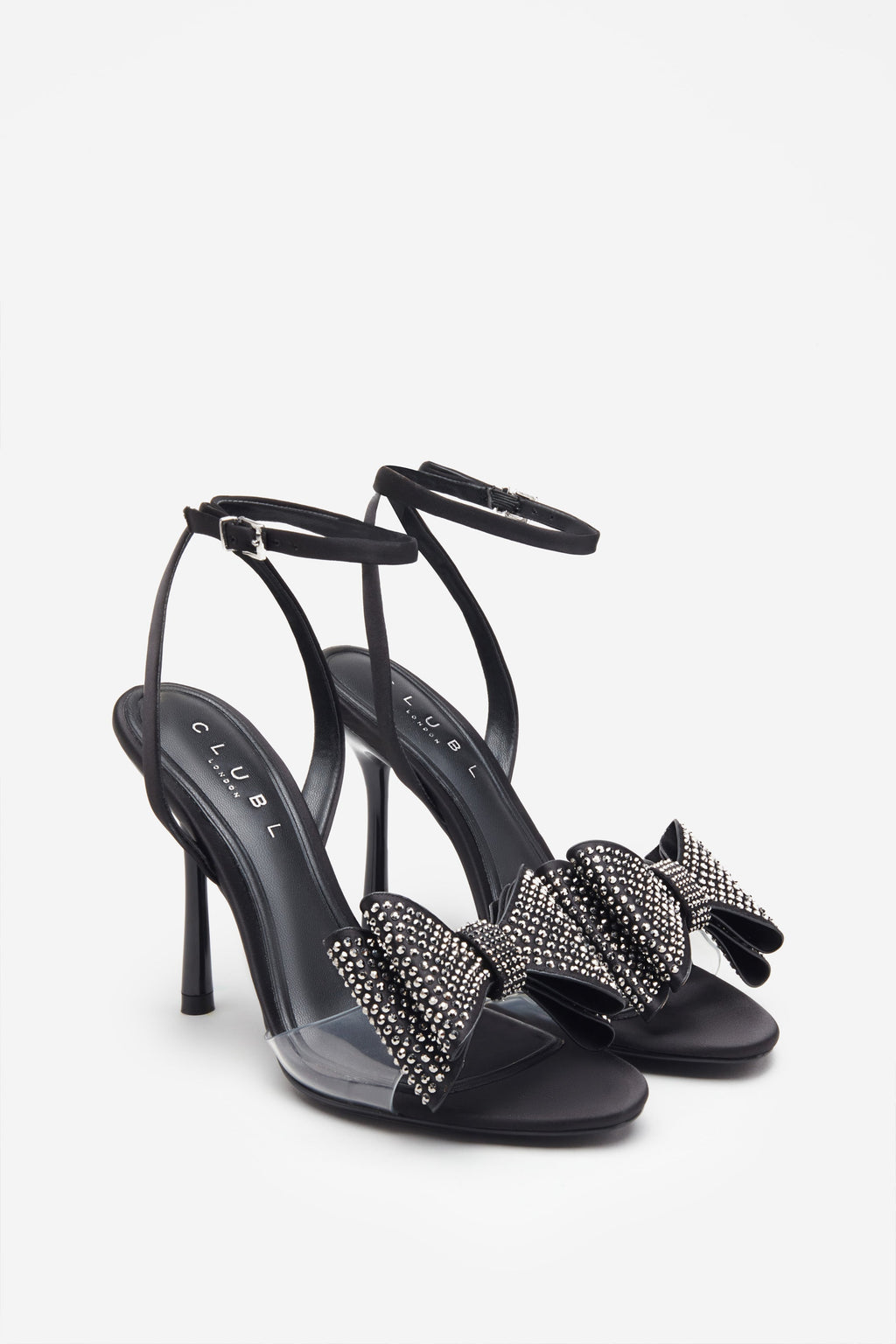Bowing | Black Satin Heeled Sandals With Diamante Bows