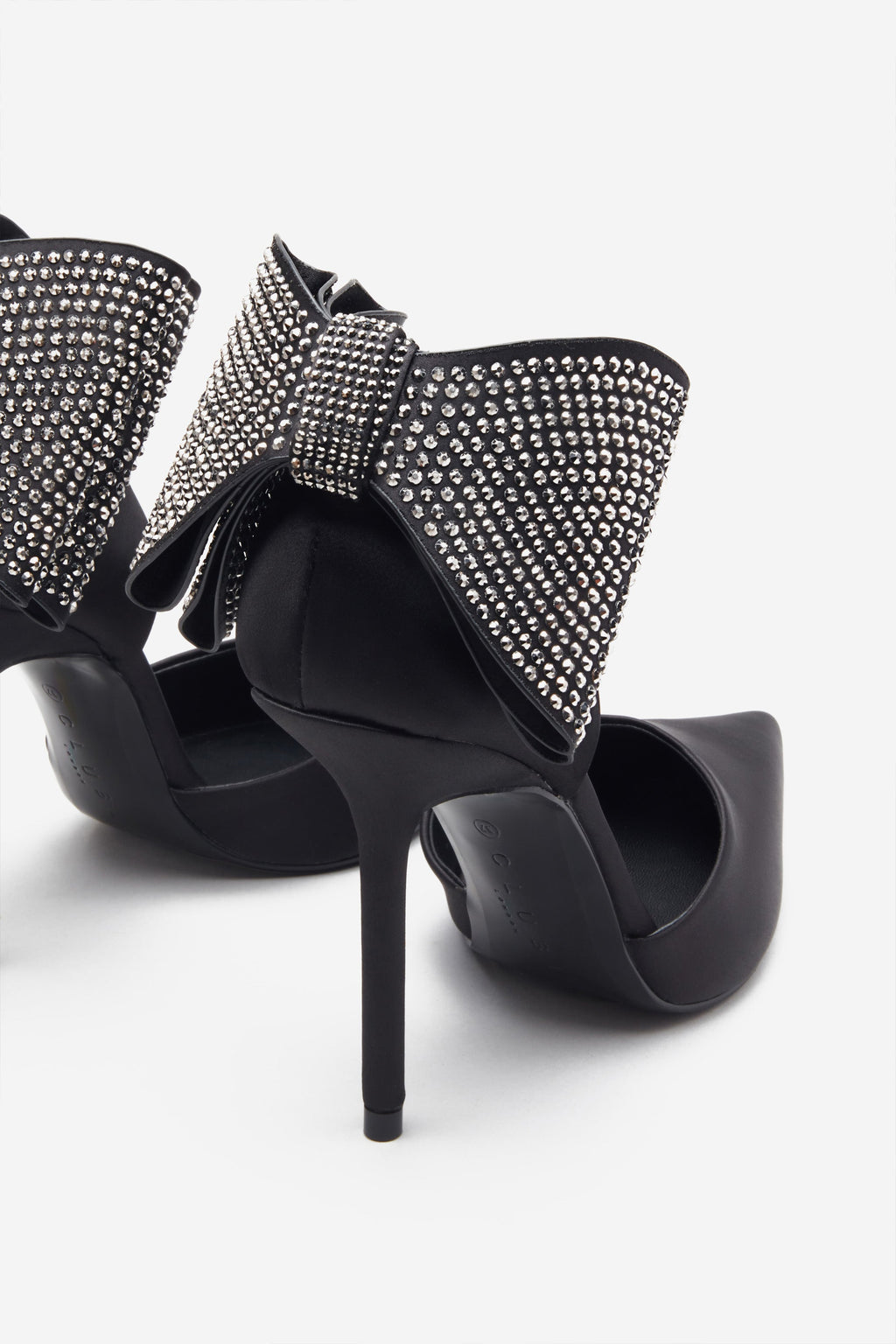Flashing Lights | Black Satin Pointed Court Heels With Diamante Bows