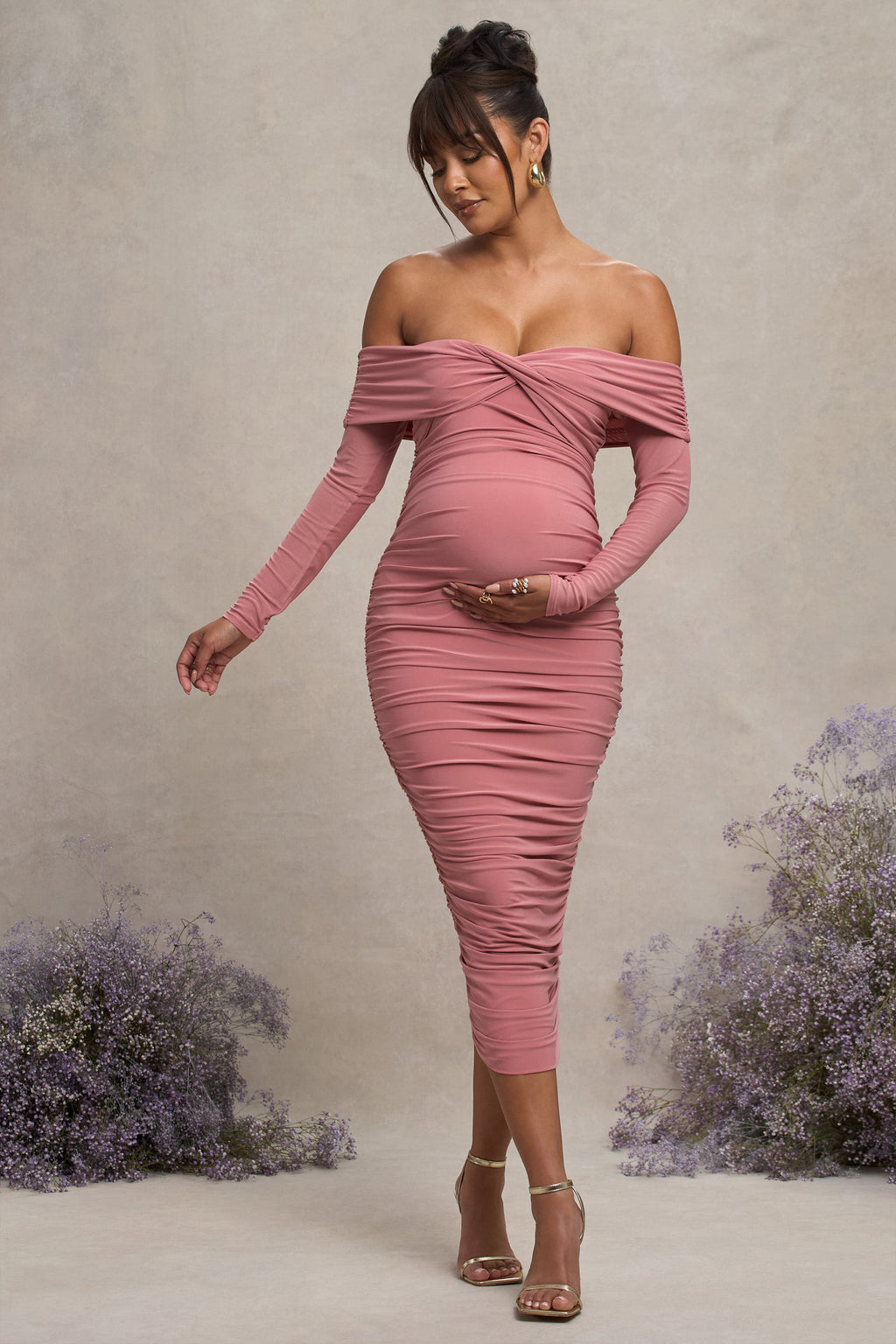 Neva | Blush Bardot Twist Maternity Midi Dress