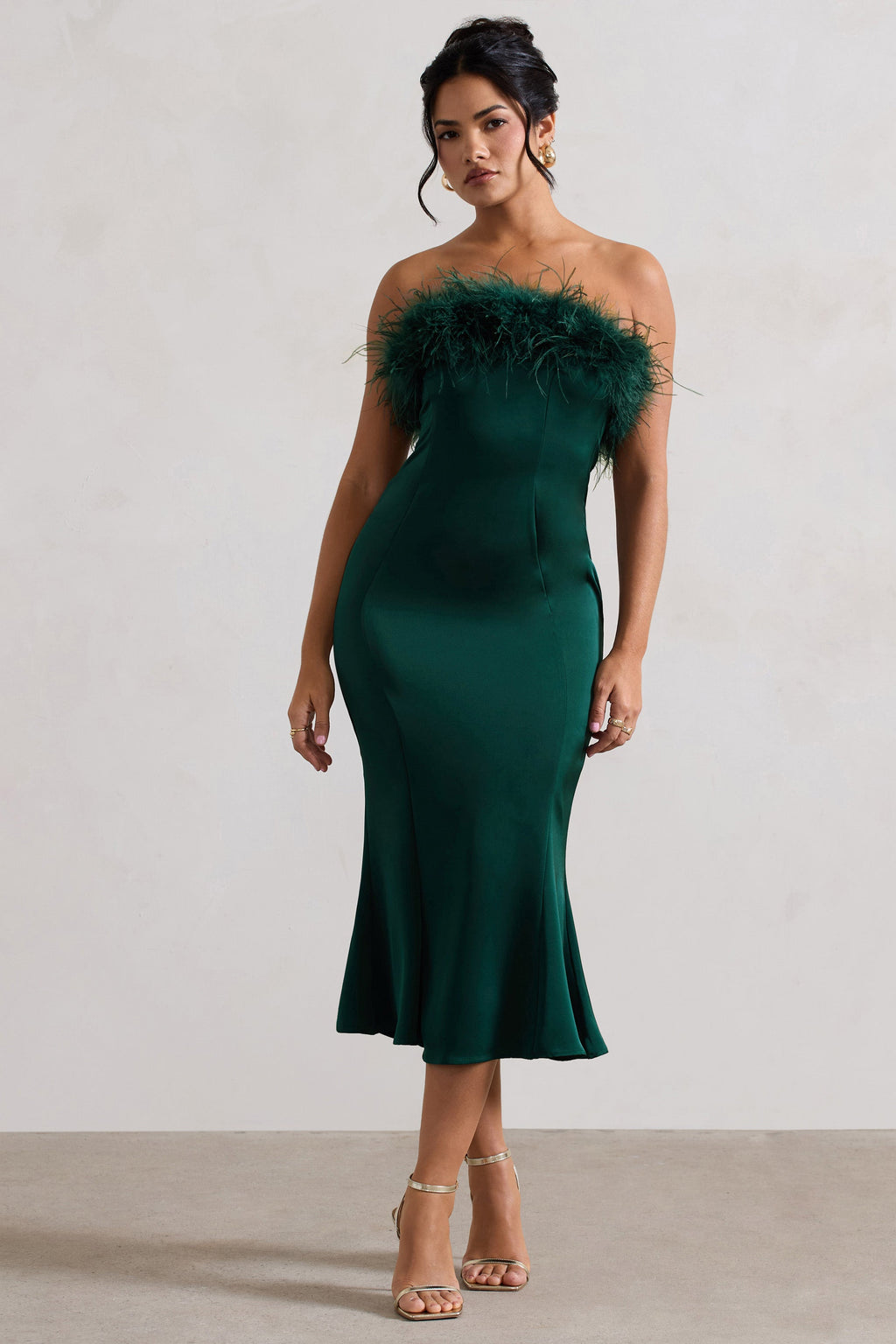 One And Only | Bottle Green Satin Feather Trim Bandeau Midi Dress