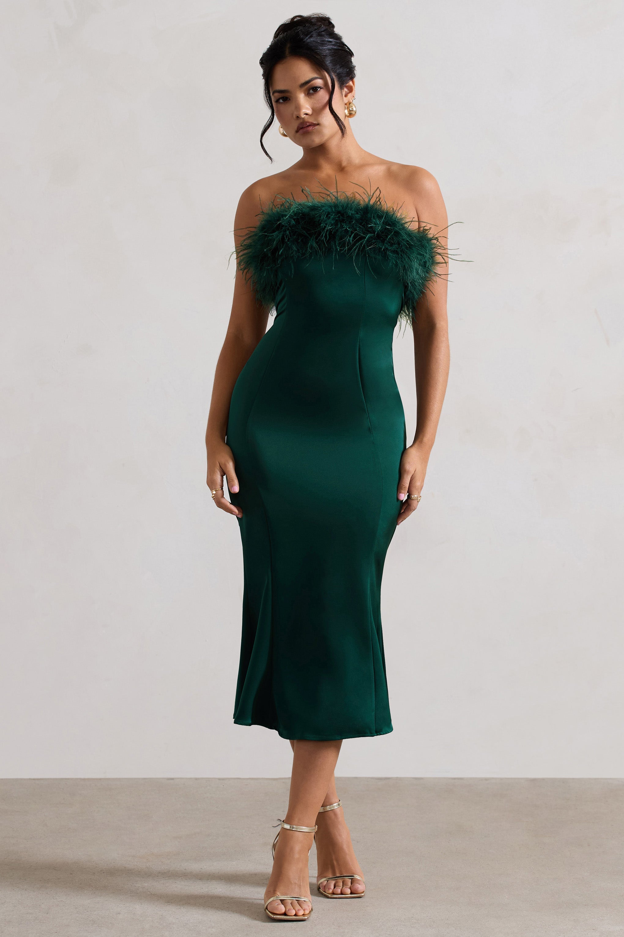 One And Only | Bottle Green Satin Feather Trim Bandeau Midi Dress
