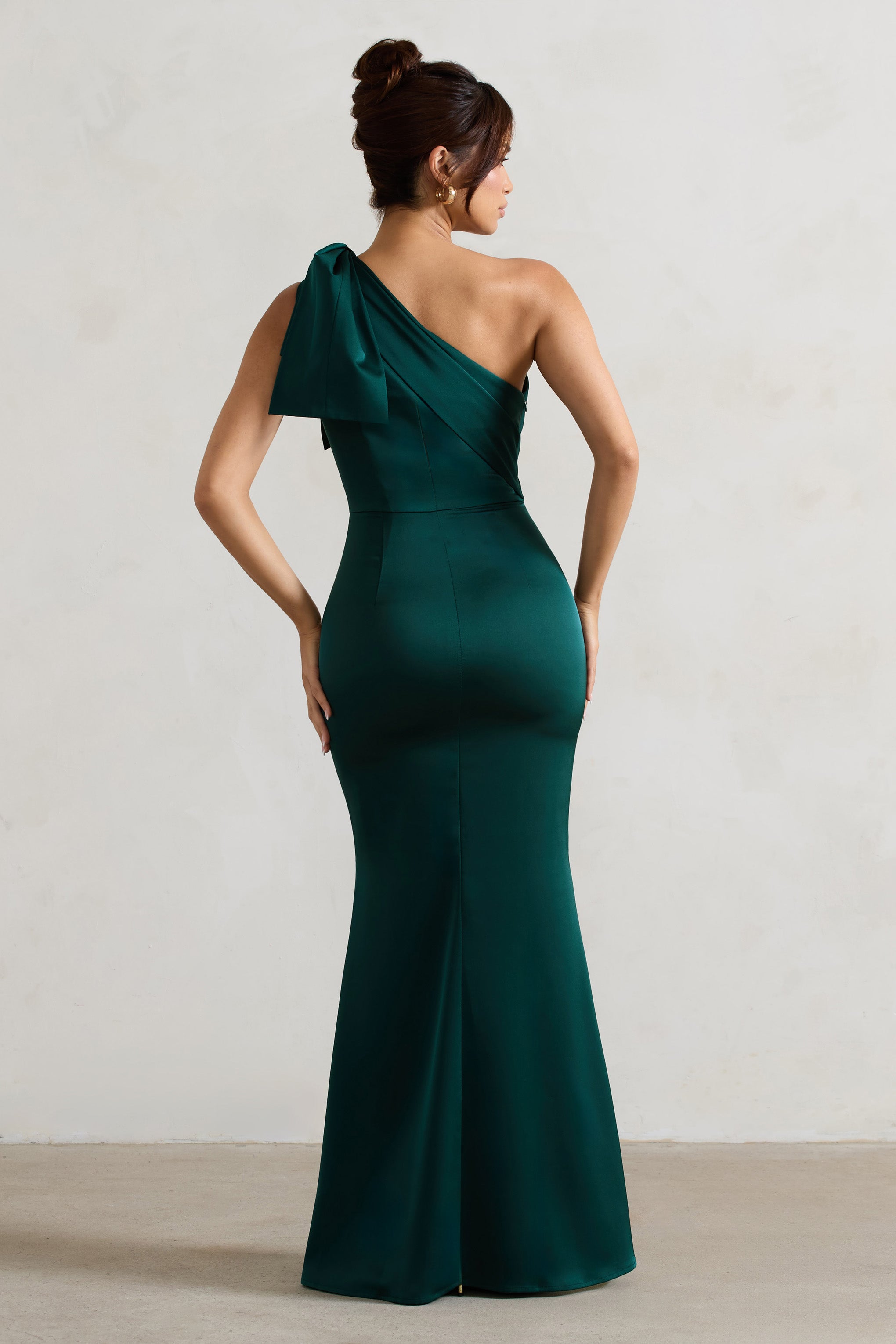 Lady | Bottle Green Satin One Shoulder Maxi Dress With Bow