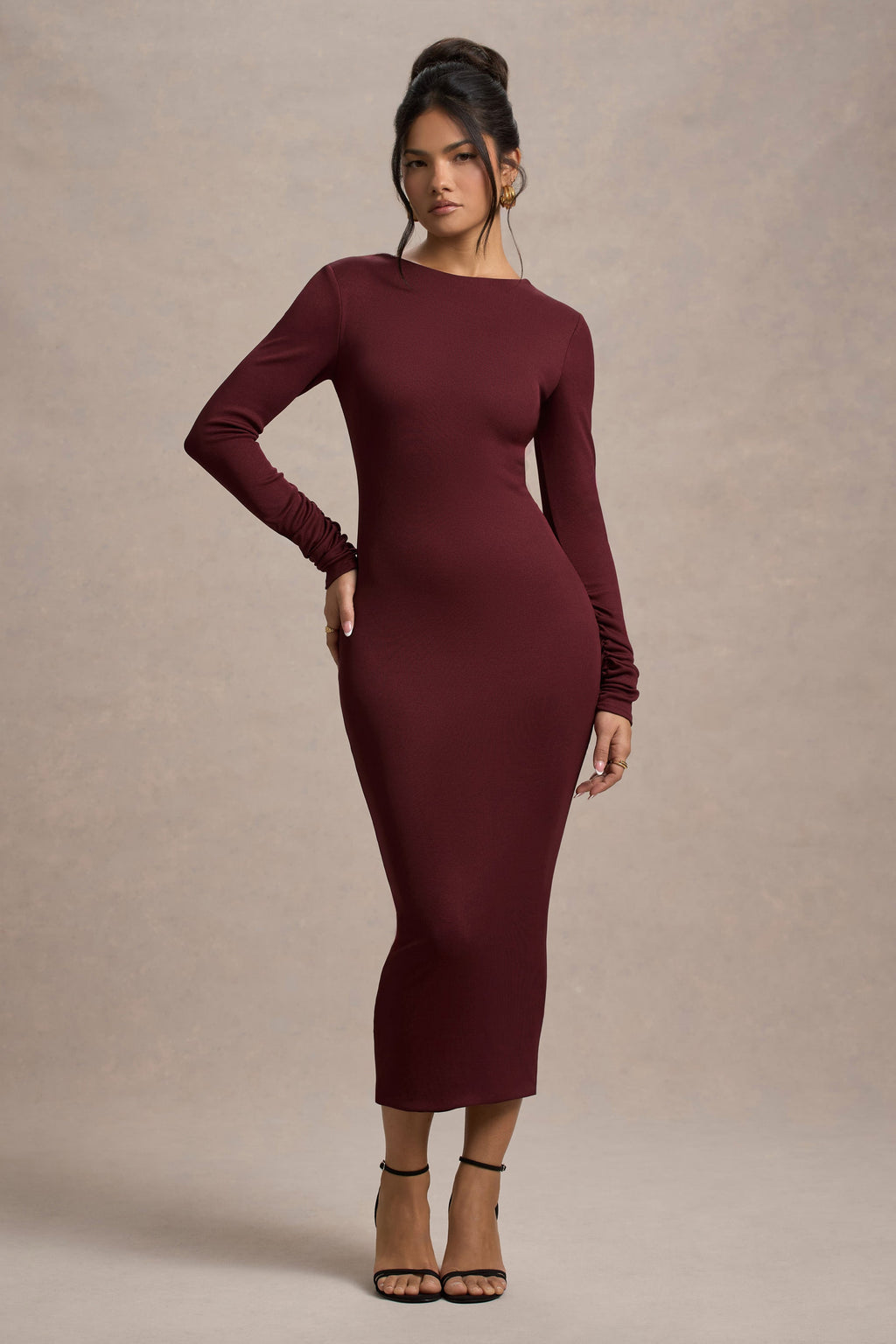 Madden | Plum Rib Knit Cowl-Back Midi Dress