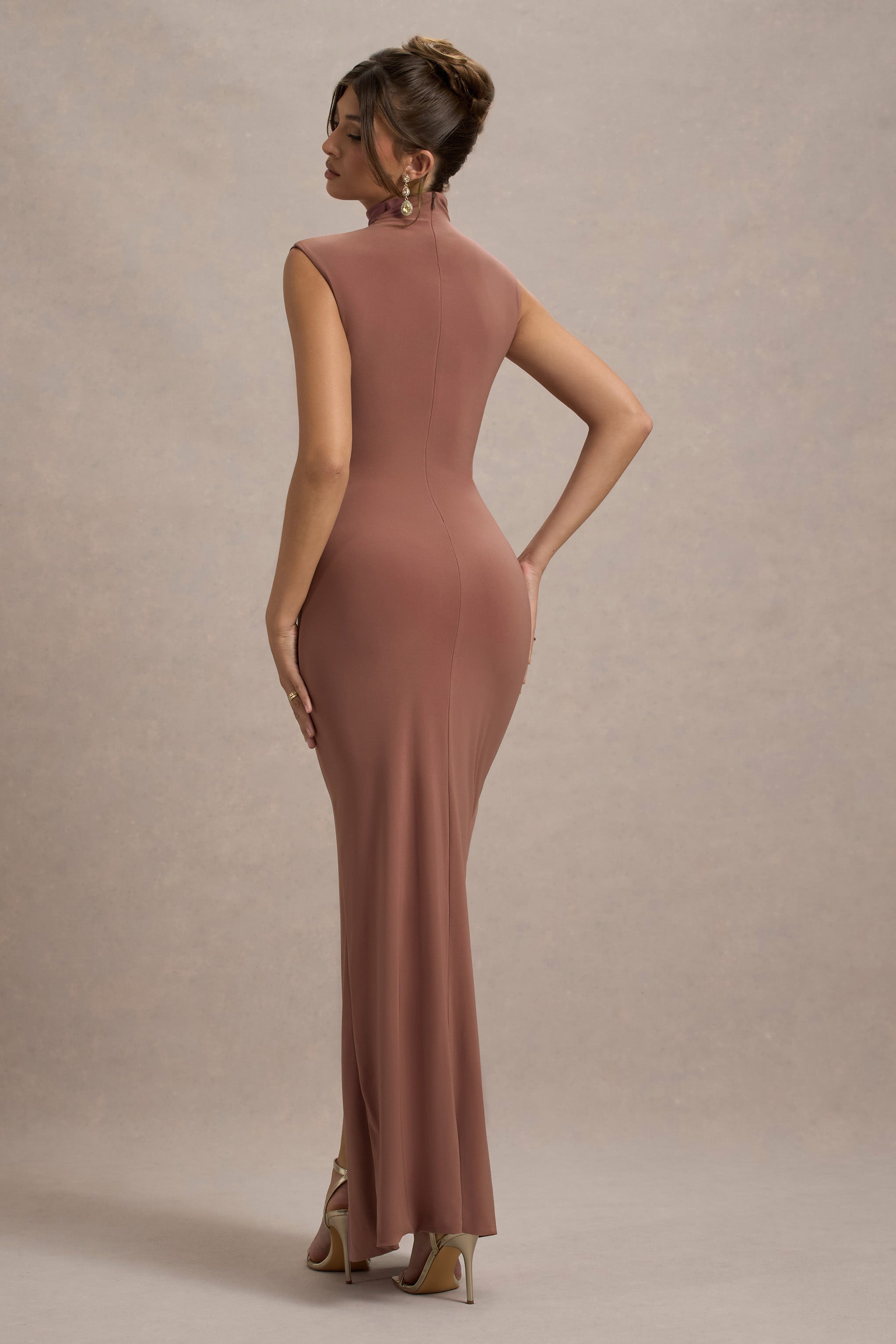Lanetta | Chestnut Brown Ruched High-Neck Maxi Dress With Split
