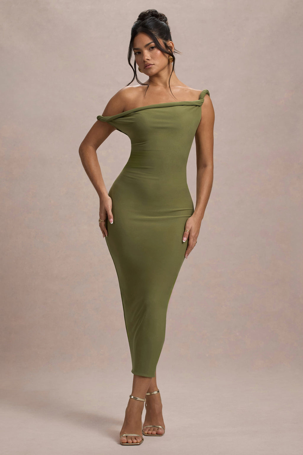 Salome | Olive Twisted Asymmetric Midi Dress