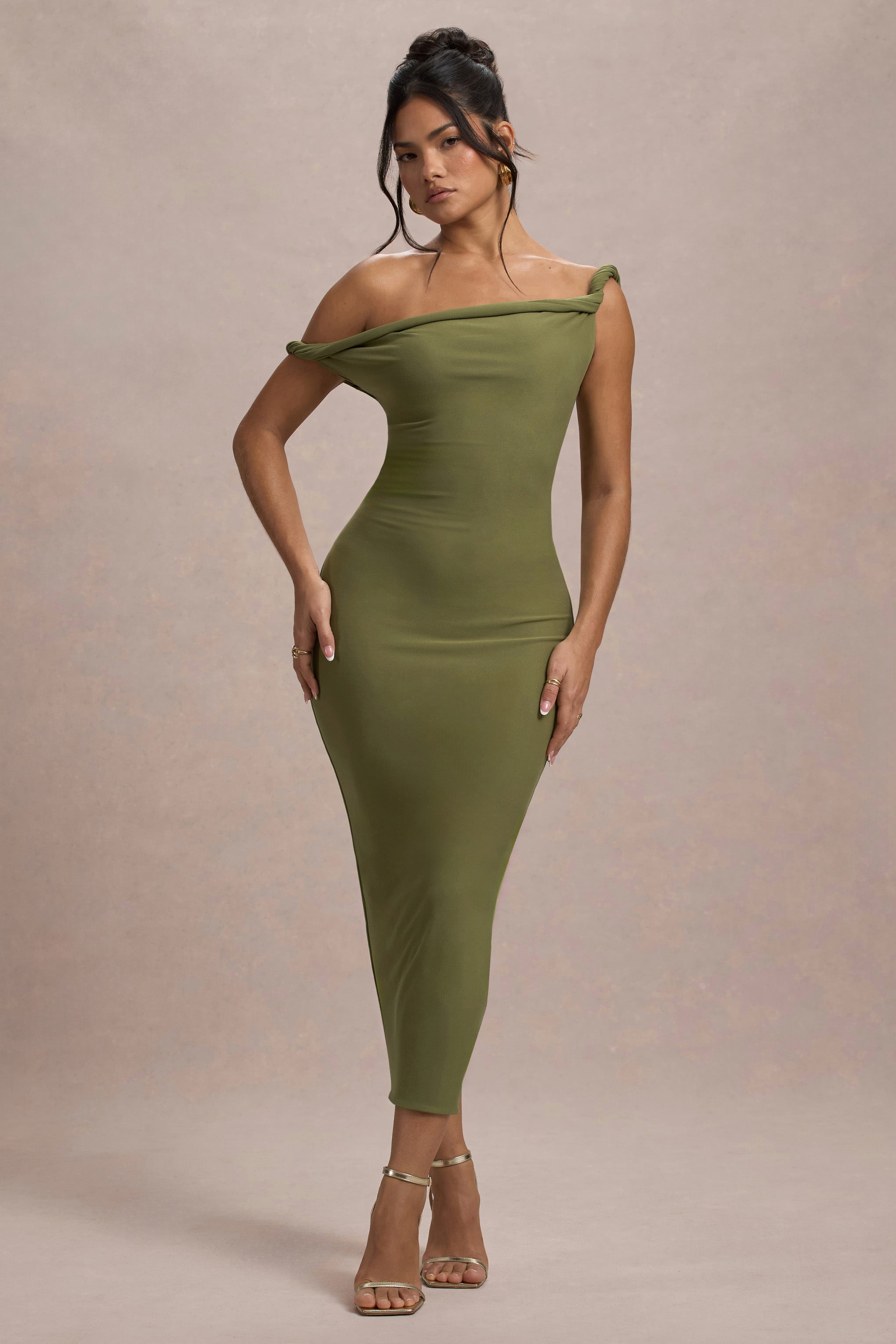 Salome | Olive Twisted Asymmetric Midi Dress