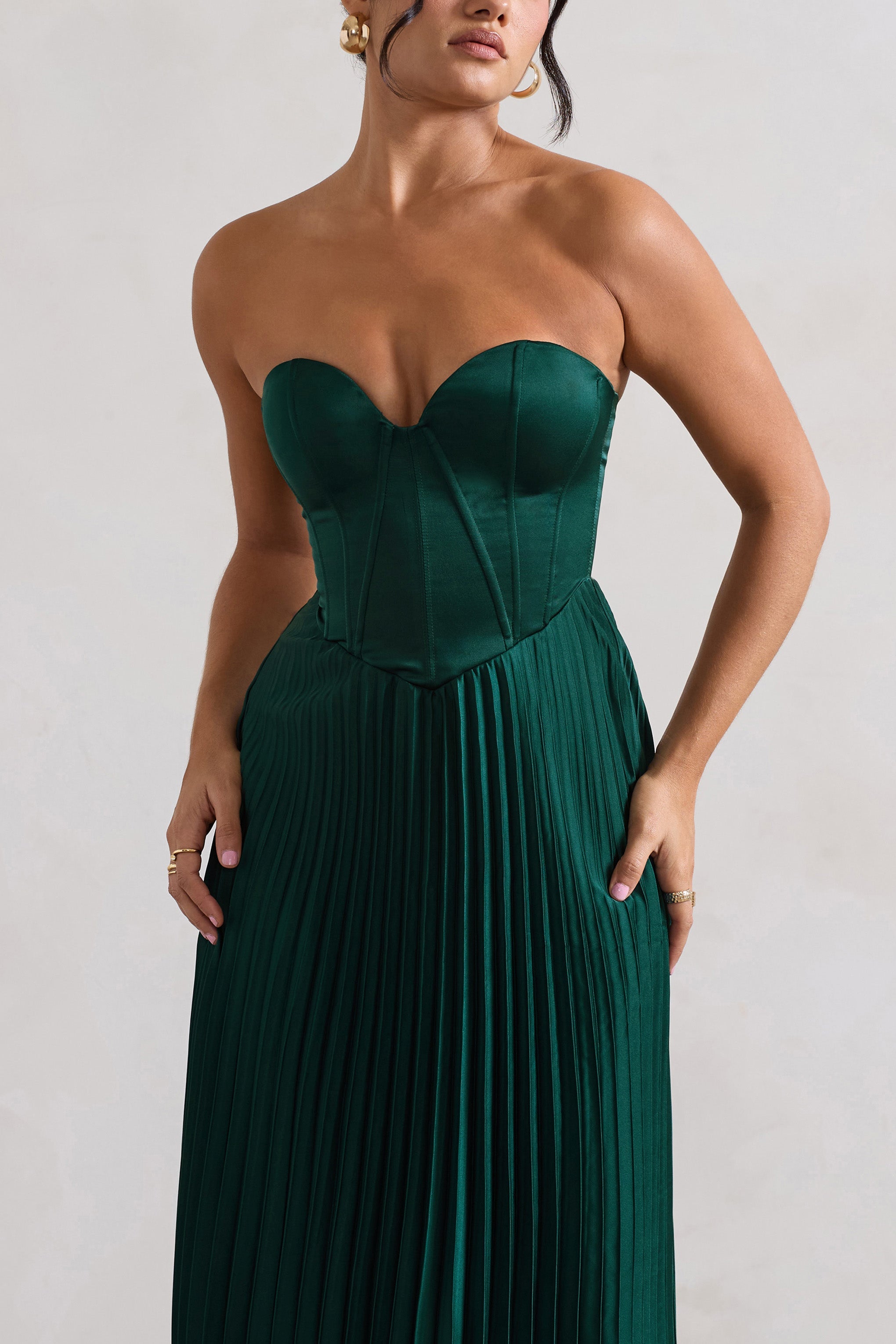 Bordeaux | Bottle Green Satin Corset Style Midi Dress