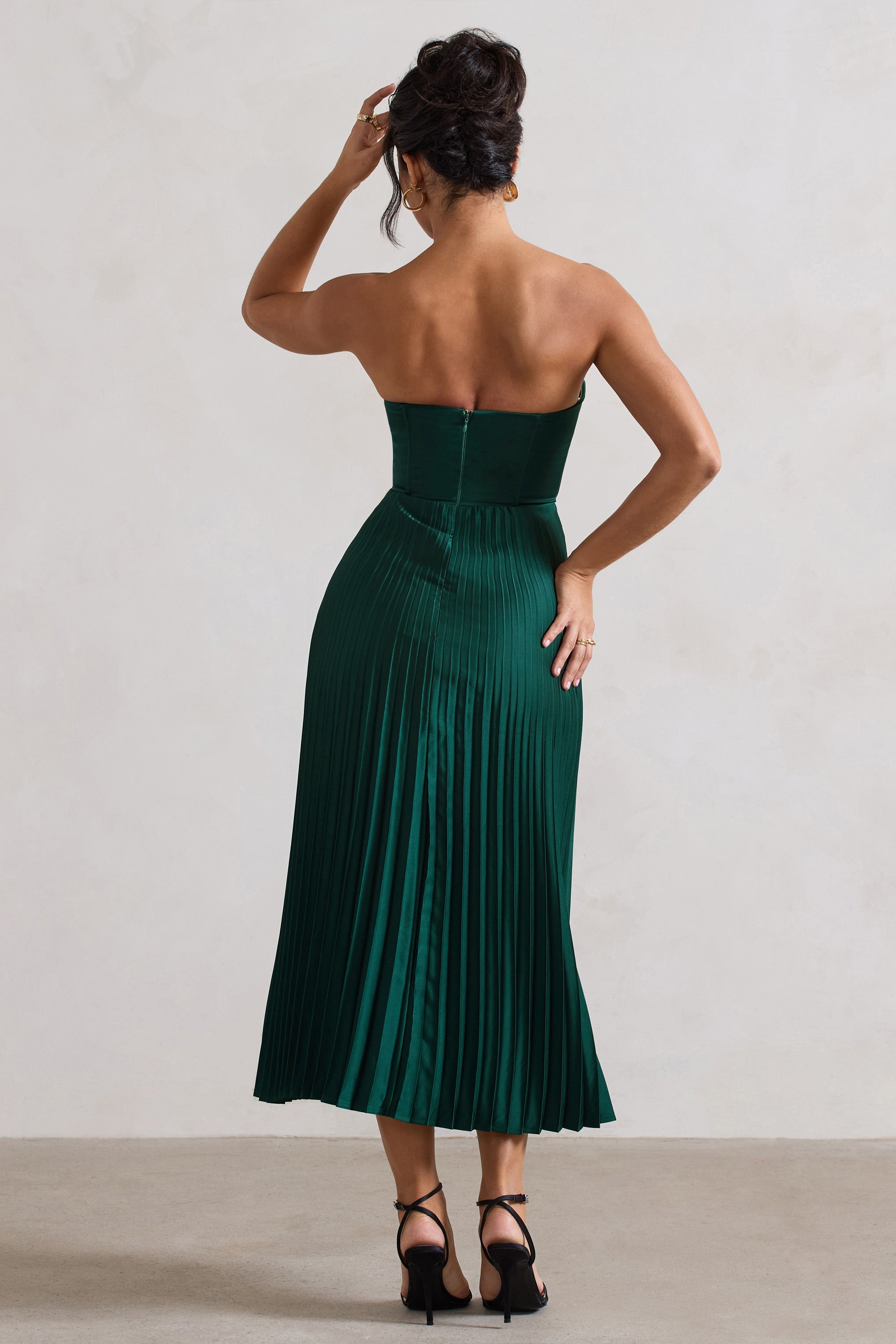 Bordeaux | Bottle Green Satin Corset Style Midi Dress