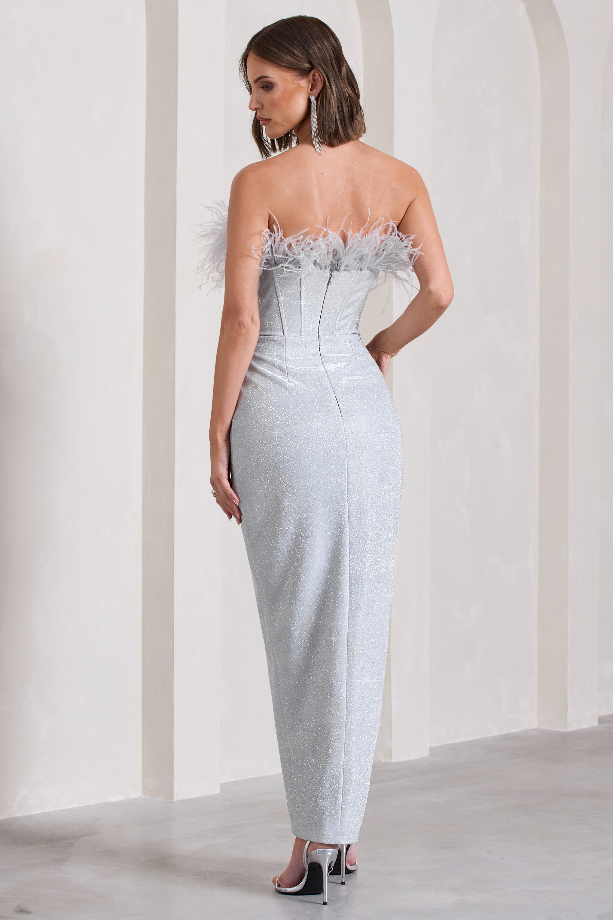 Crystal | Silver Metallic Bandeau Corset Maxi Dress With Feather Trims