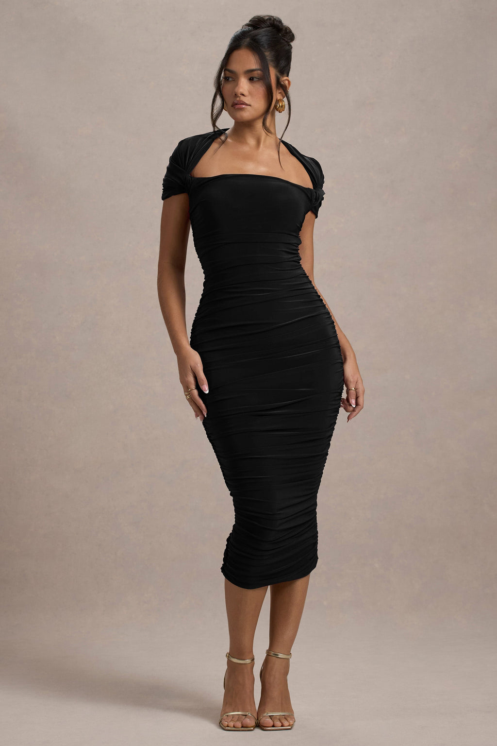 Paxos | Black Ruched Short-Sleeve Midi Dress