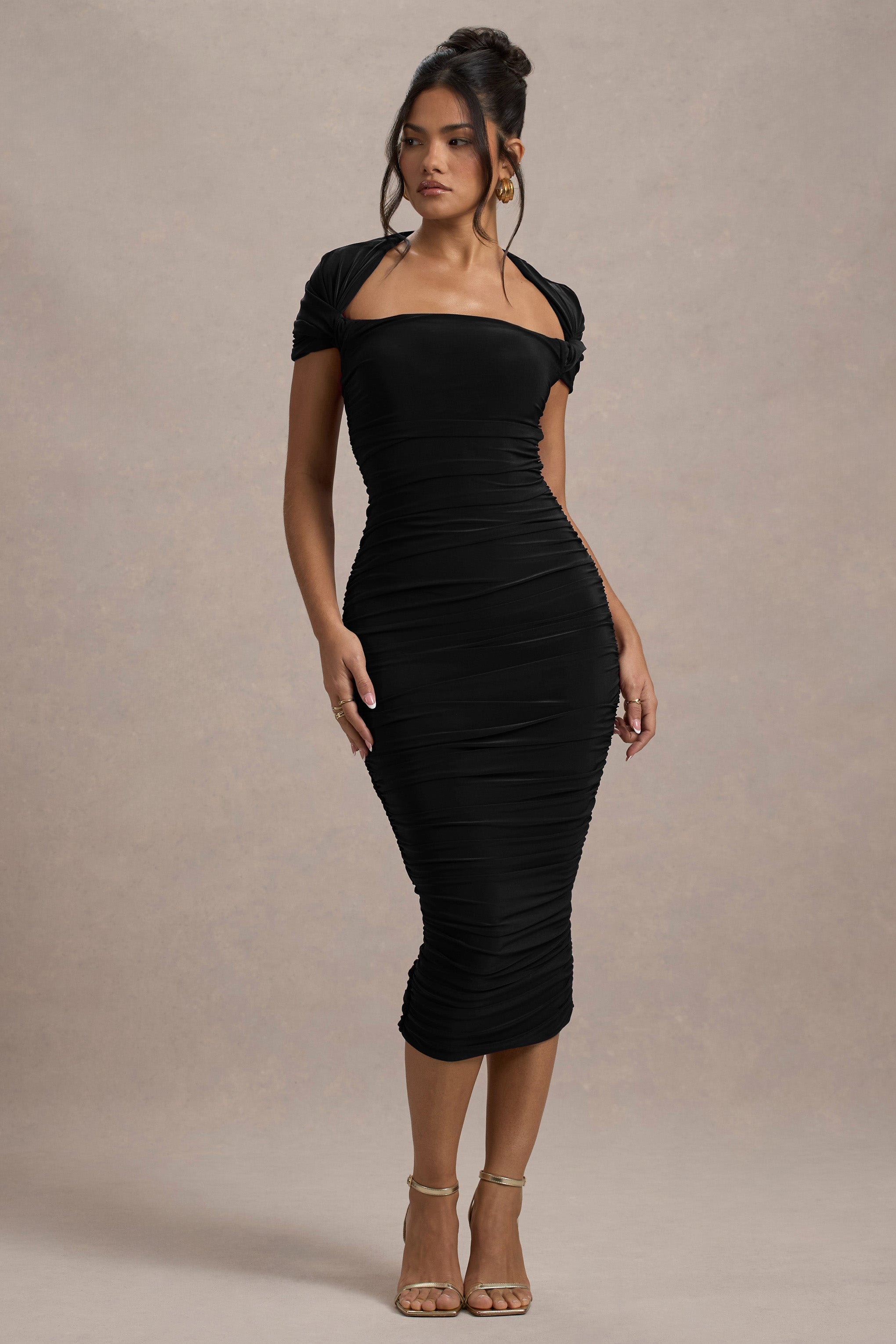 Paxos | Black Ruched Short-Sleeve Midi Dress