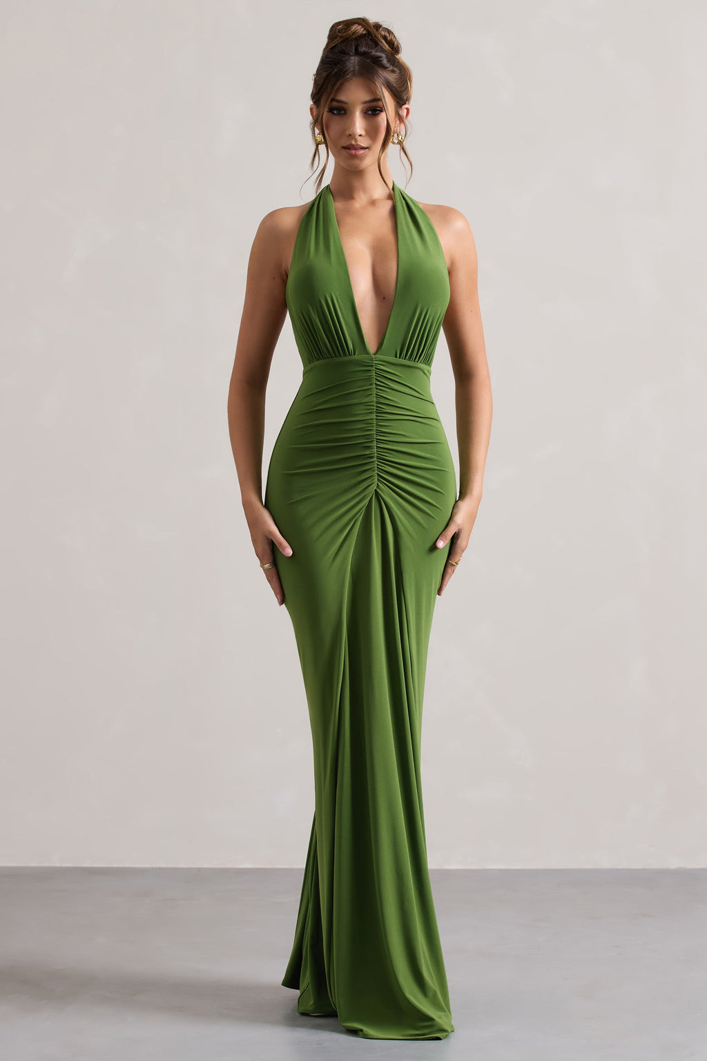 Payton | Palm Green Ruched Halter-Neck Maxi Dress