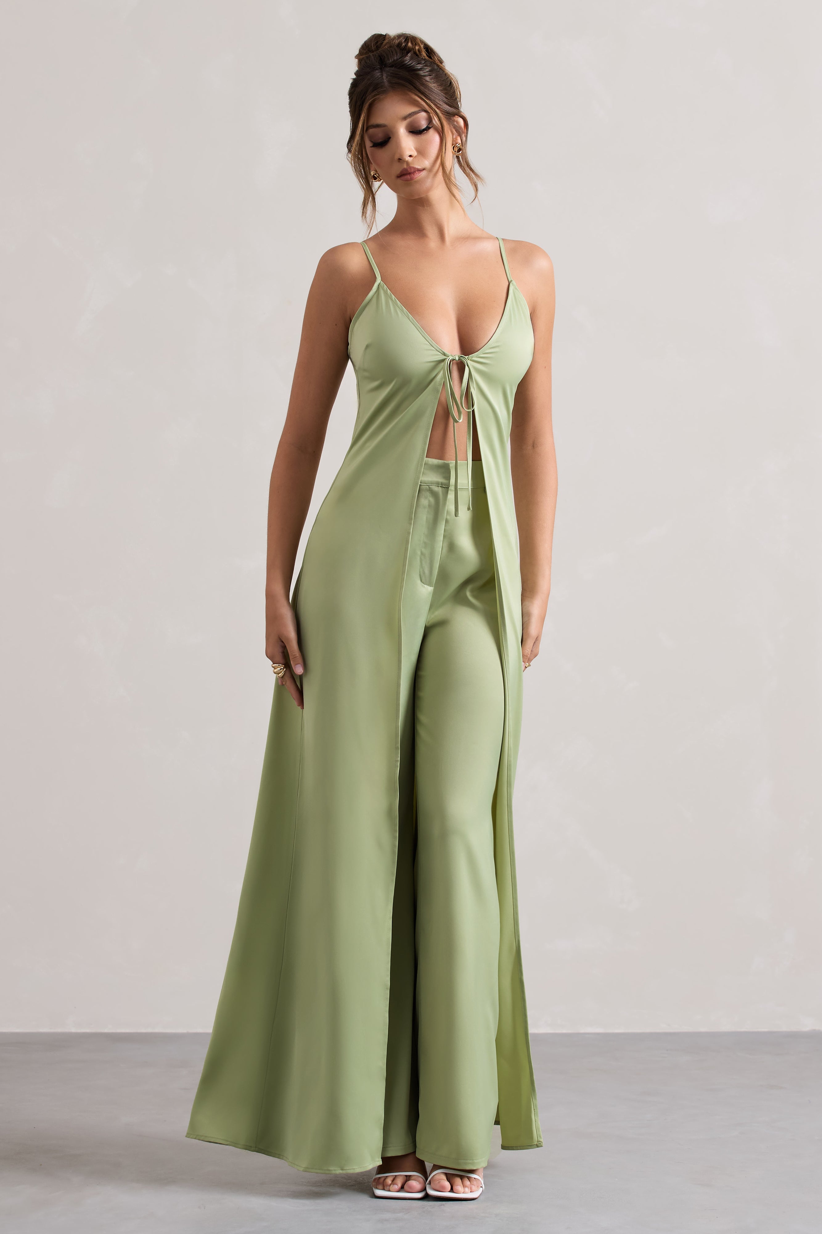 Your Way | Pale Green Satin Wide-Leg Trousers