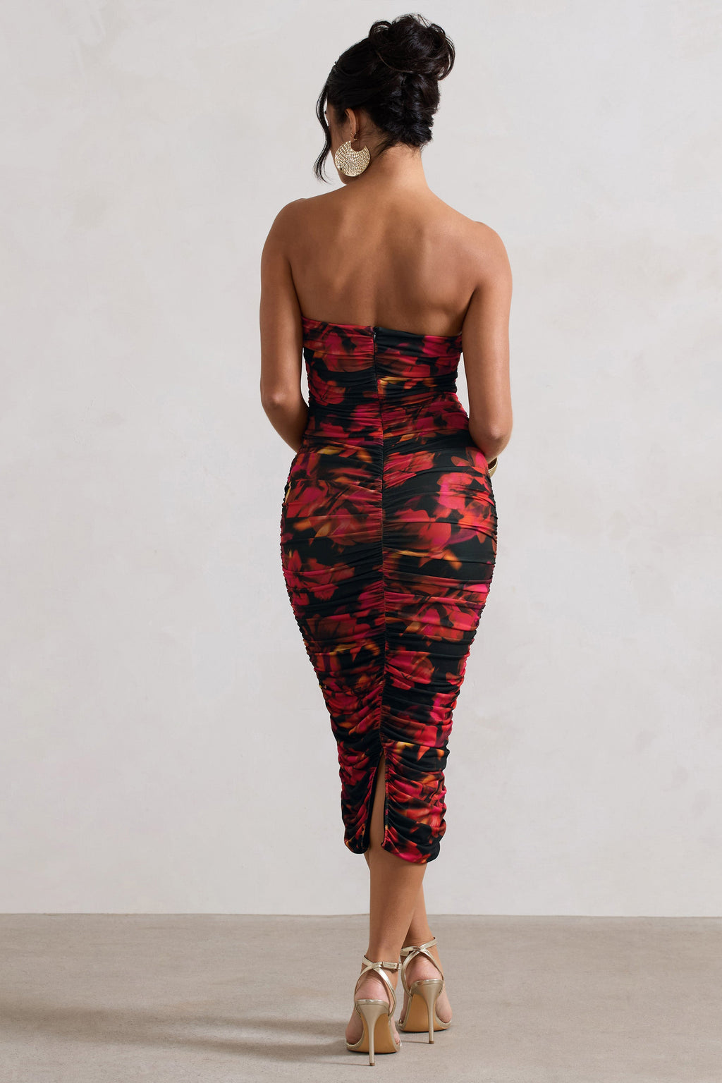 Inara | Red Floral Print Strapless Ruched Midi Dress