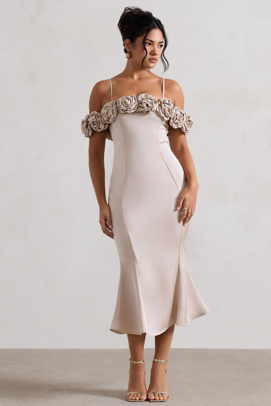 Petunia | Champagne Satin Floral Bardot Midi Dress