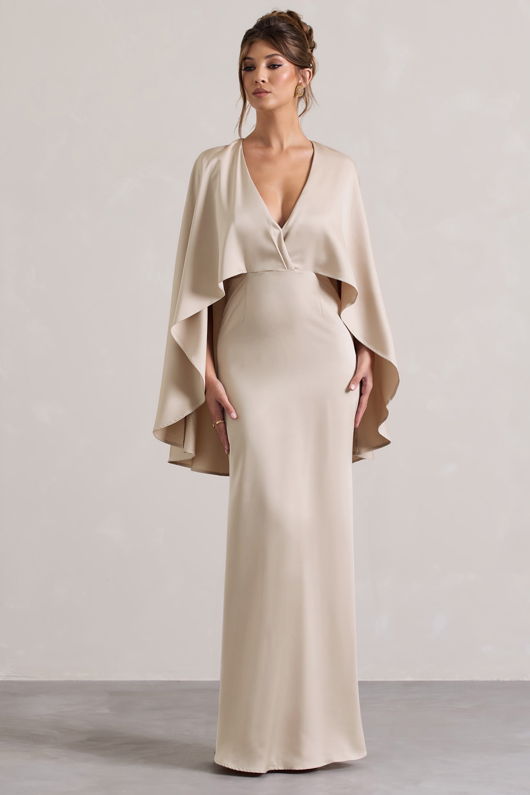 Yasie | Champagne Satin Plunge-Neck Maxi Dress With Cape Sleeves