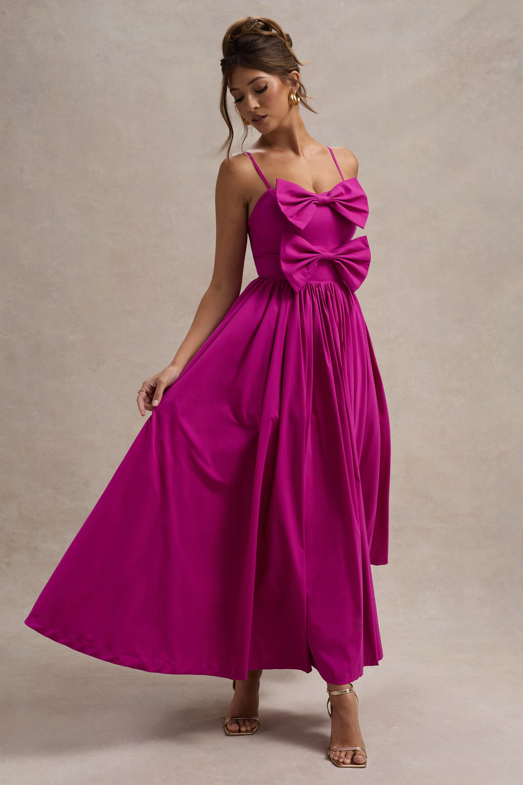 Loved Up | Fuschia Pink Strappy Pleated Maxi Dress With Bows