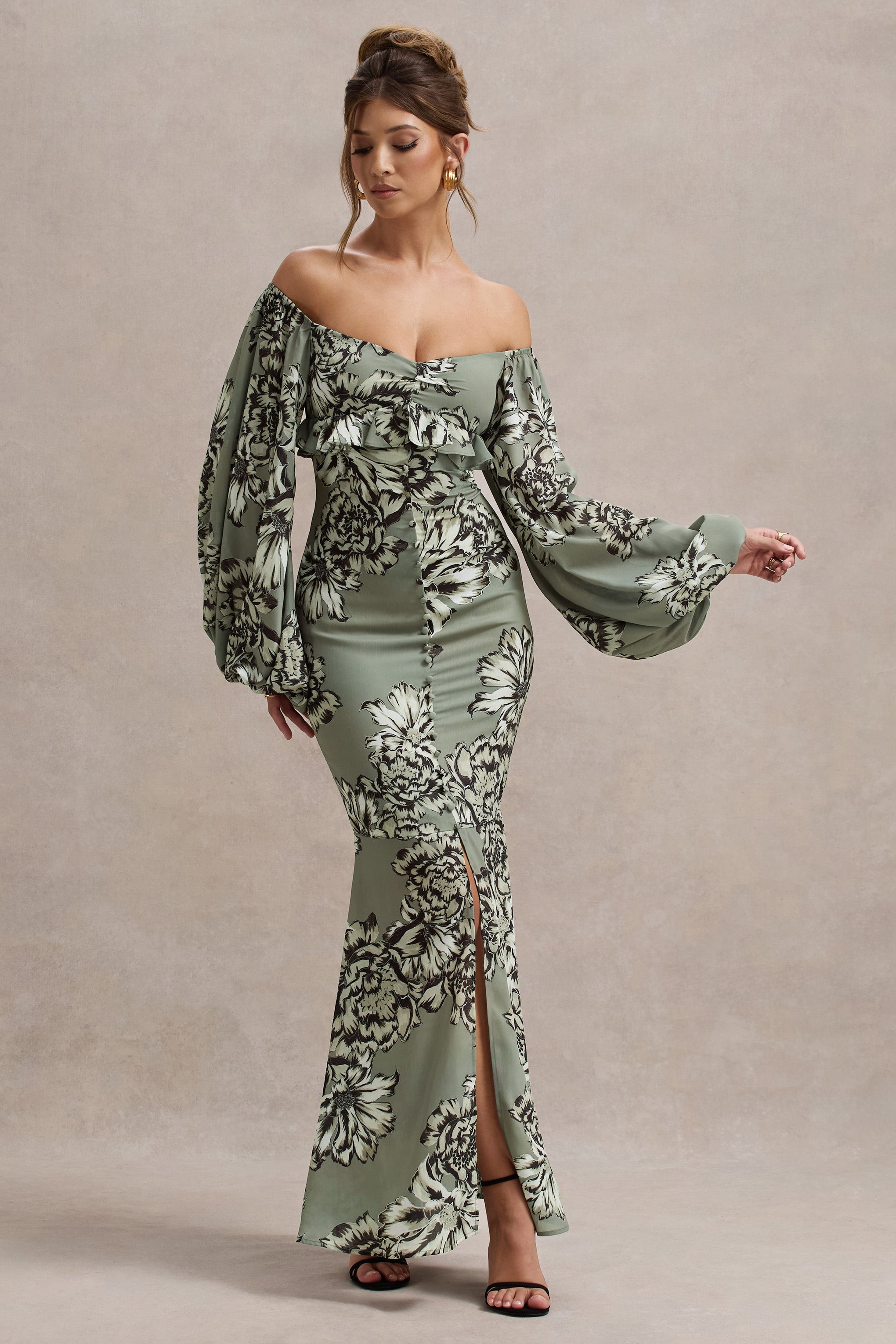 Murcia | Olive Floral Print Chiffon Puff-Sleeve Button Maxi Dress