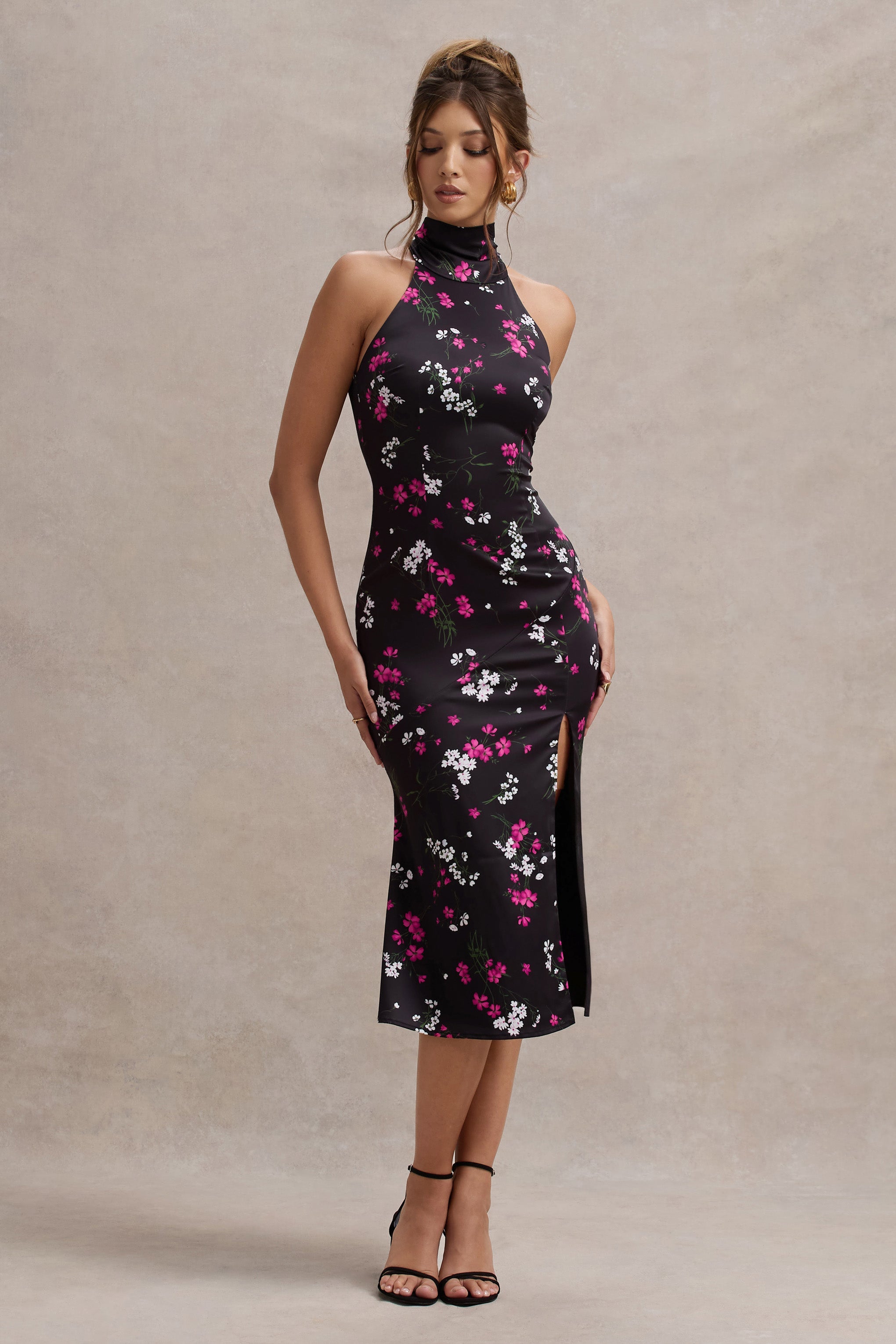 Violette | Purple Ditsy Floral Print Satin High-Neck Split Midi Dress