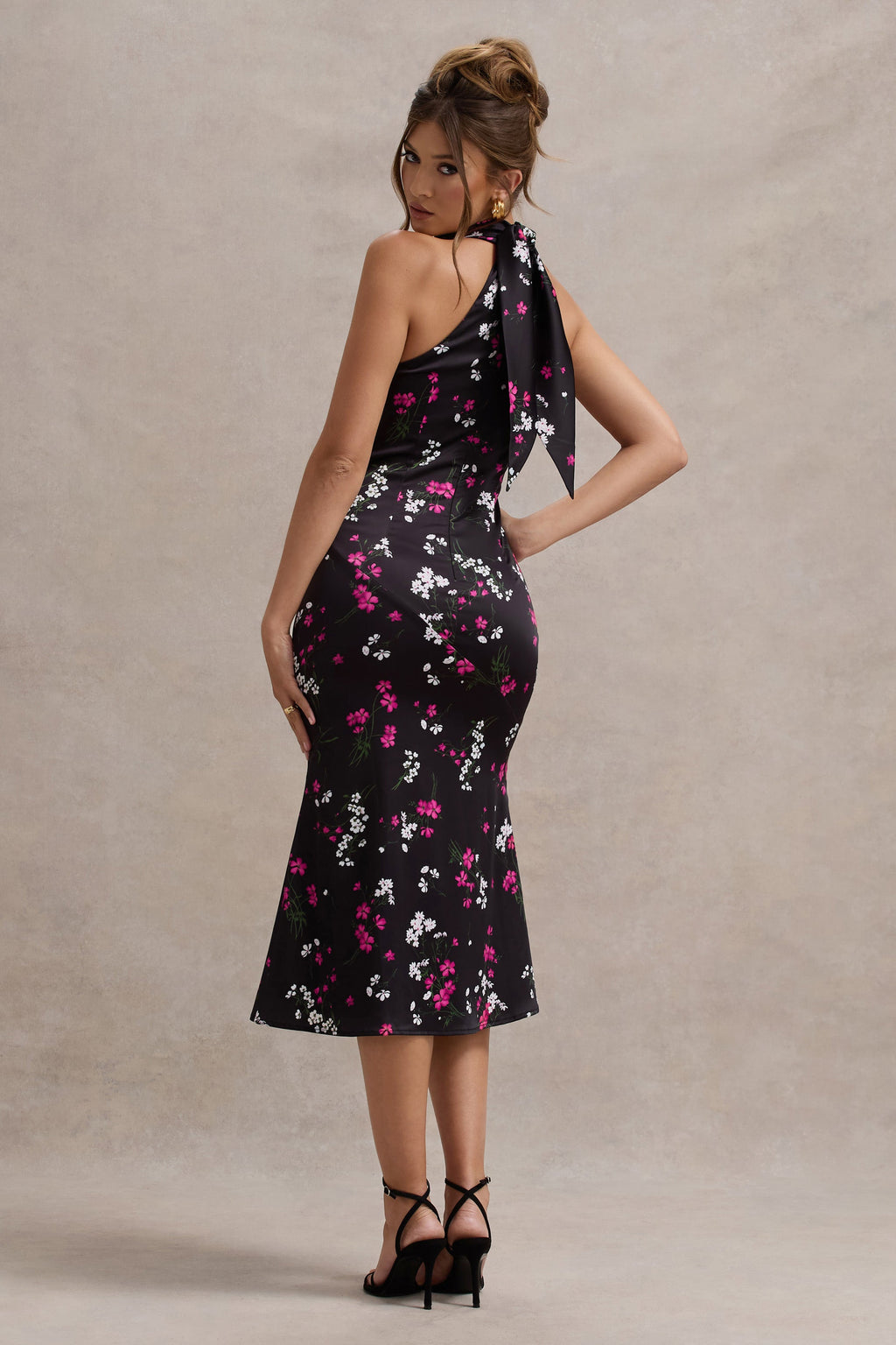 Violette | Purple Ditsy Floral Print Satin High-Neck Split Midi Dress
