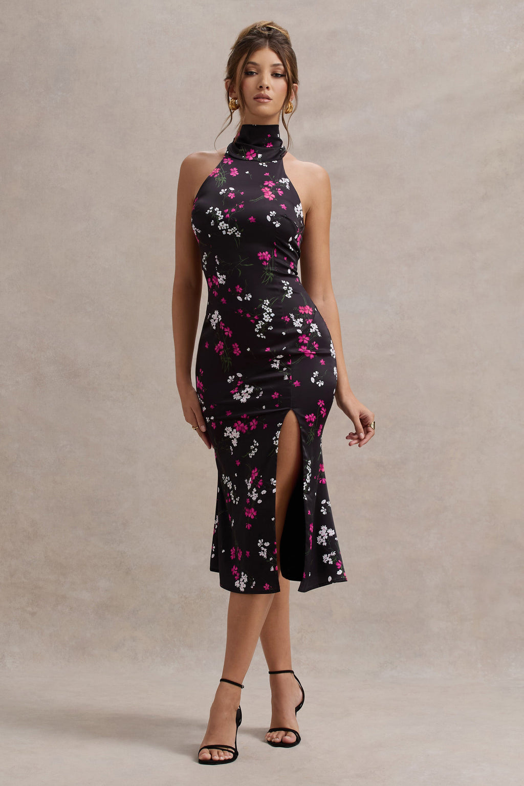 Violette | Purple Ditsy Floral Print Satin High-Neck Split Midi Dress