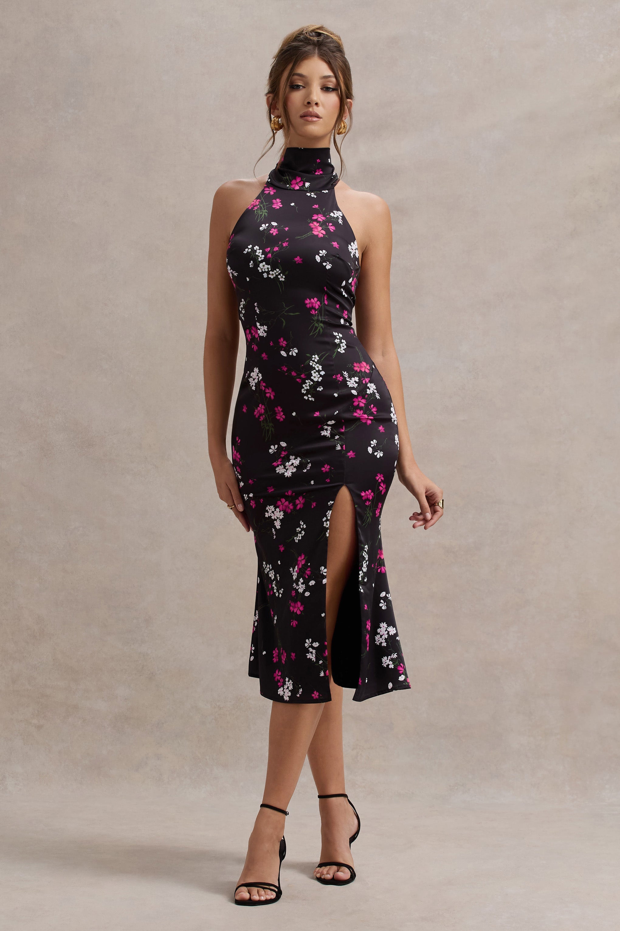 Violette | Purple Ditsy Floral Print Satin High-Neck Split Midi Dress