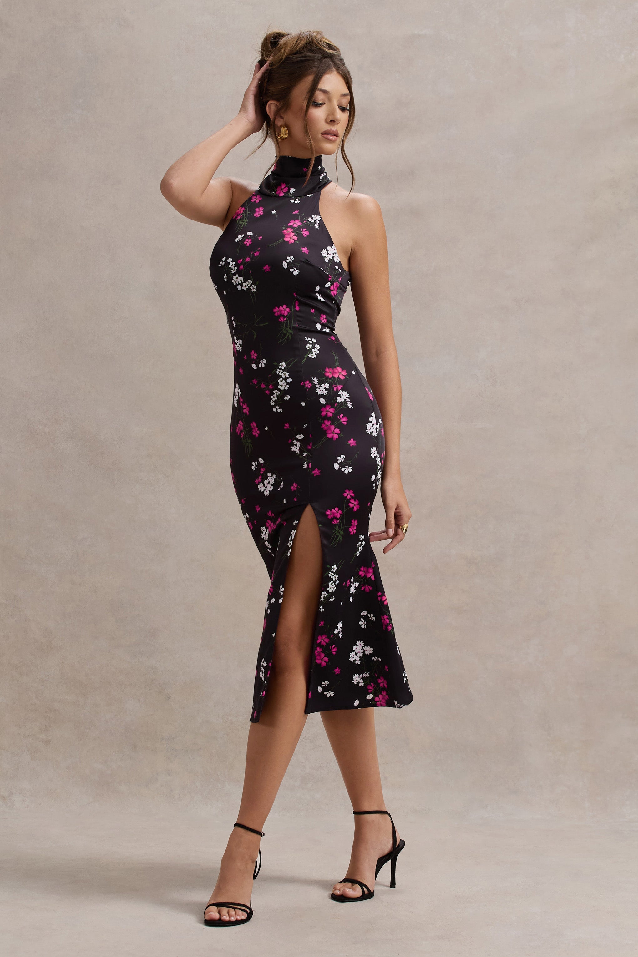 Violette | Purple Ditsy Floral Print Satin High-Neck Split Midi Dress