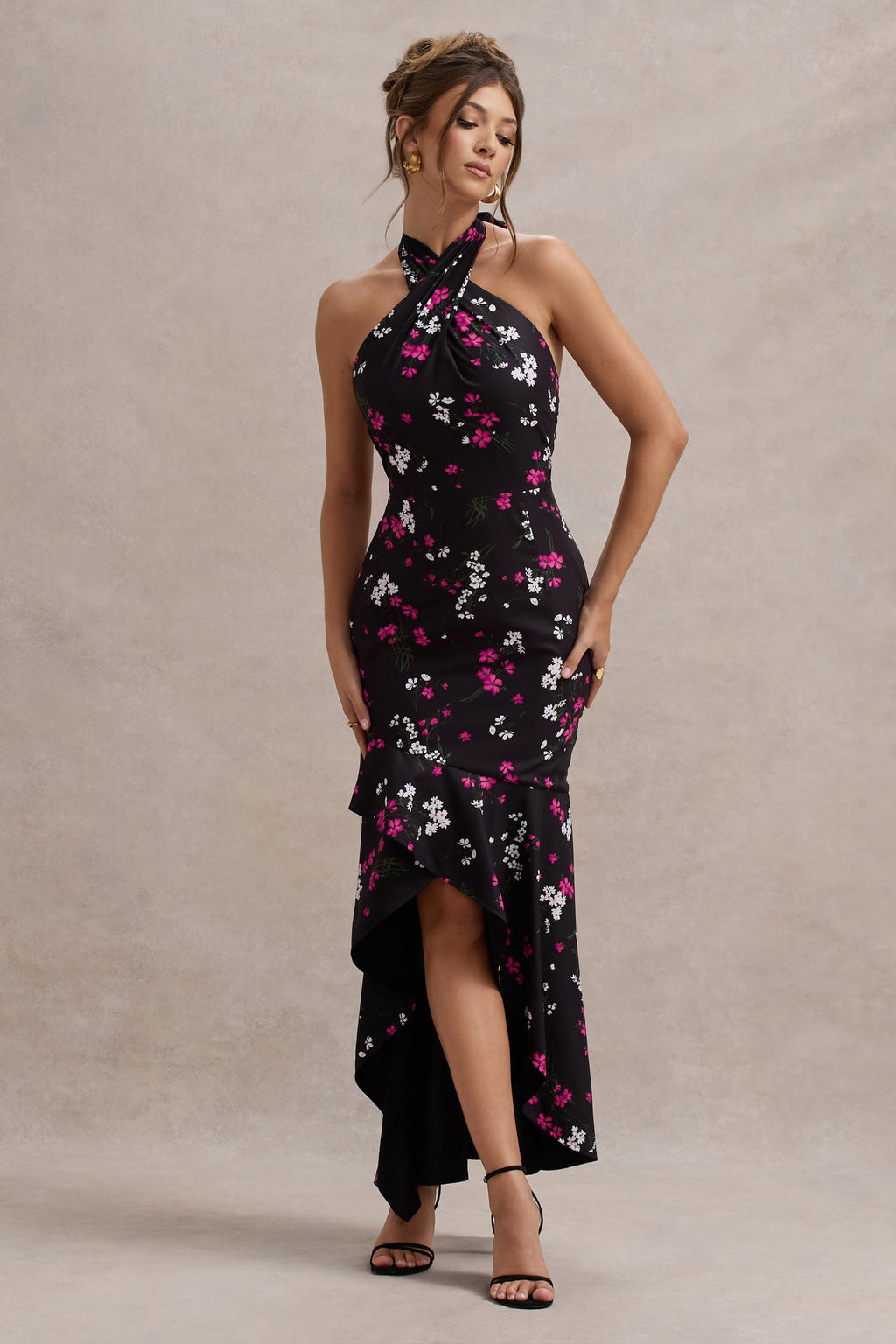Melodia | Black Ditsy Floral Print Satin Halter-Neck Ruffled Maxi Dress