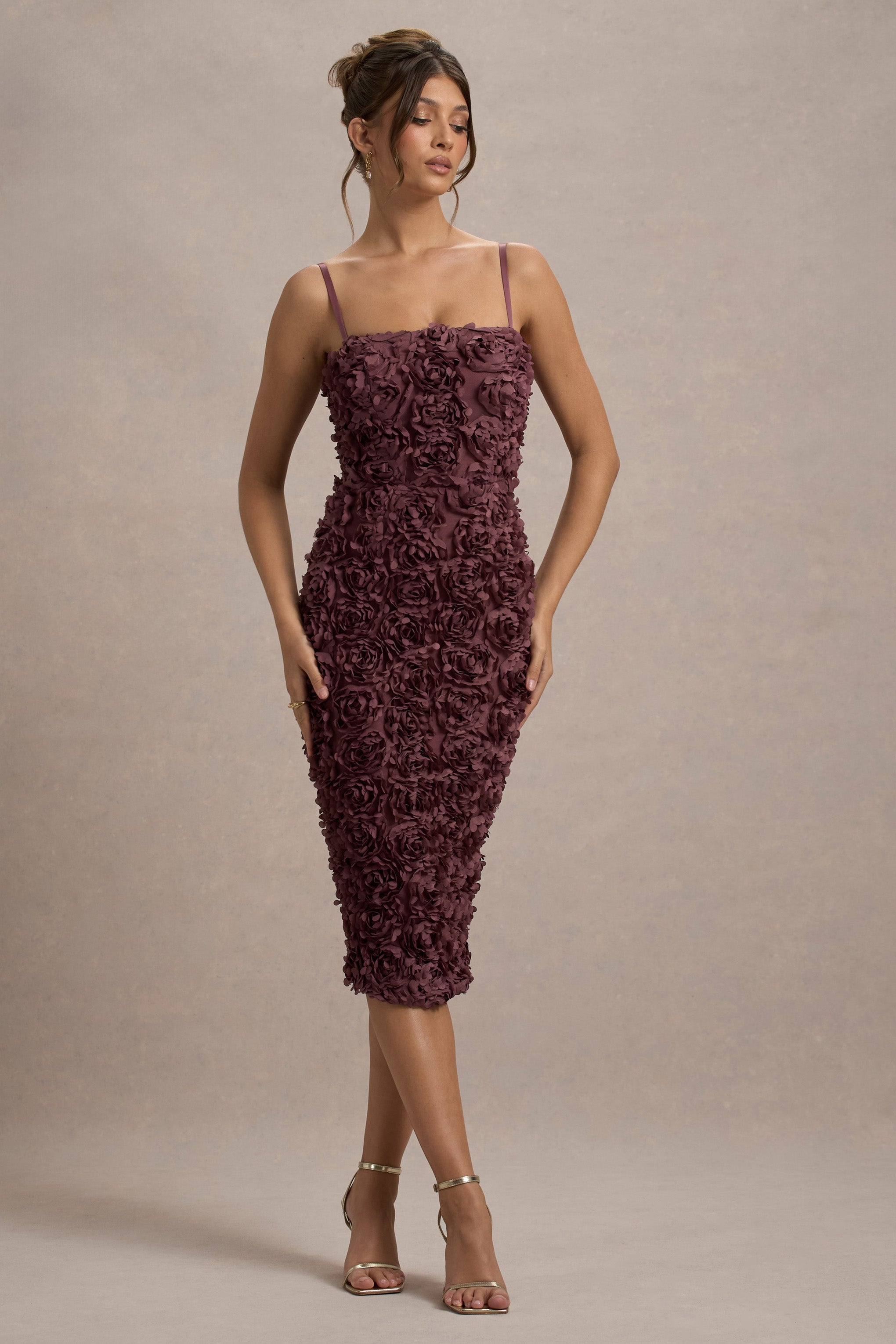 New Love | Dark Mauve Strappy Midi Dress With Mesh Flowers