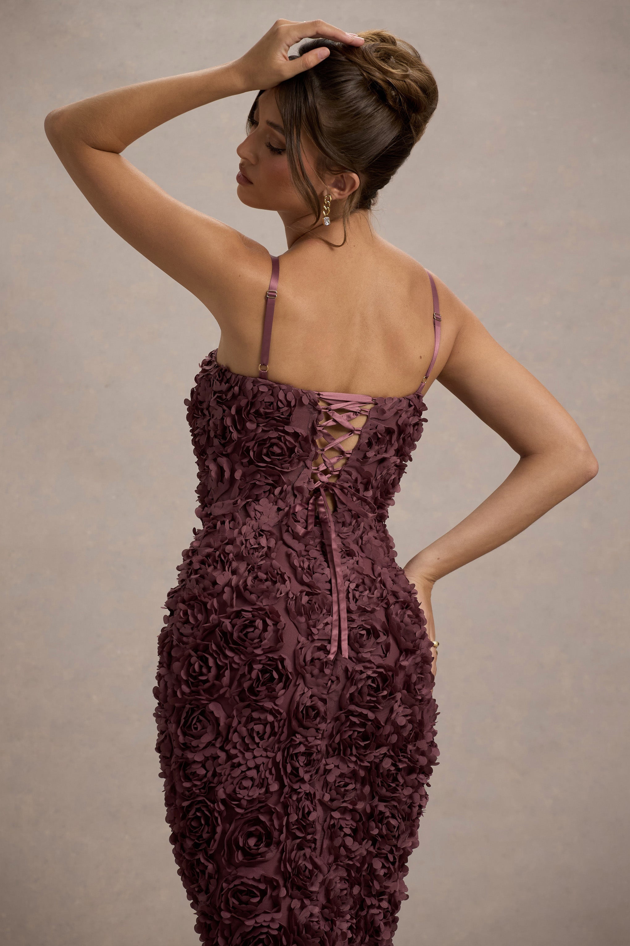 New Love | Dark Mauve Strappy Midi Dress With Mesh Flowers