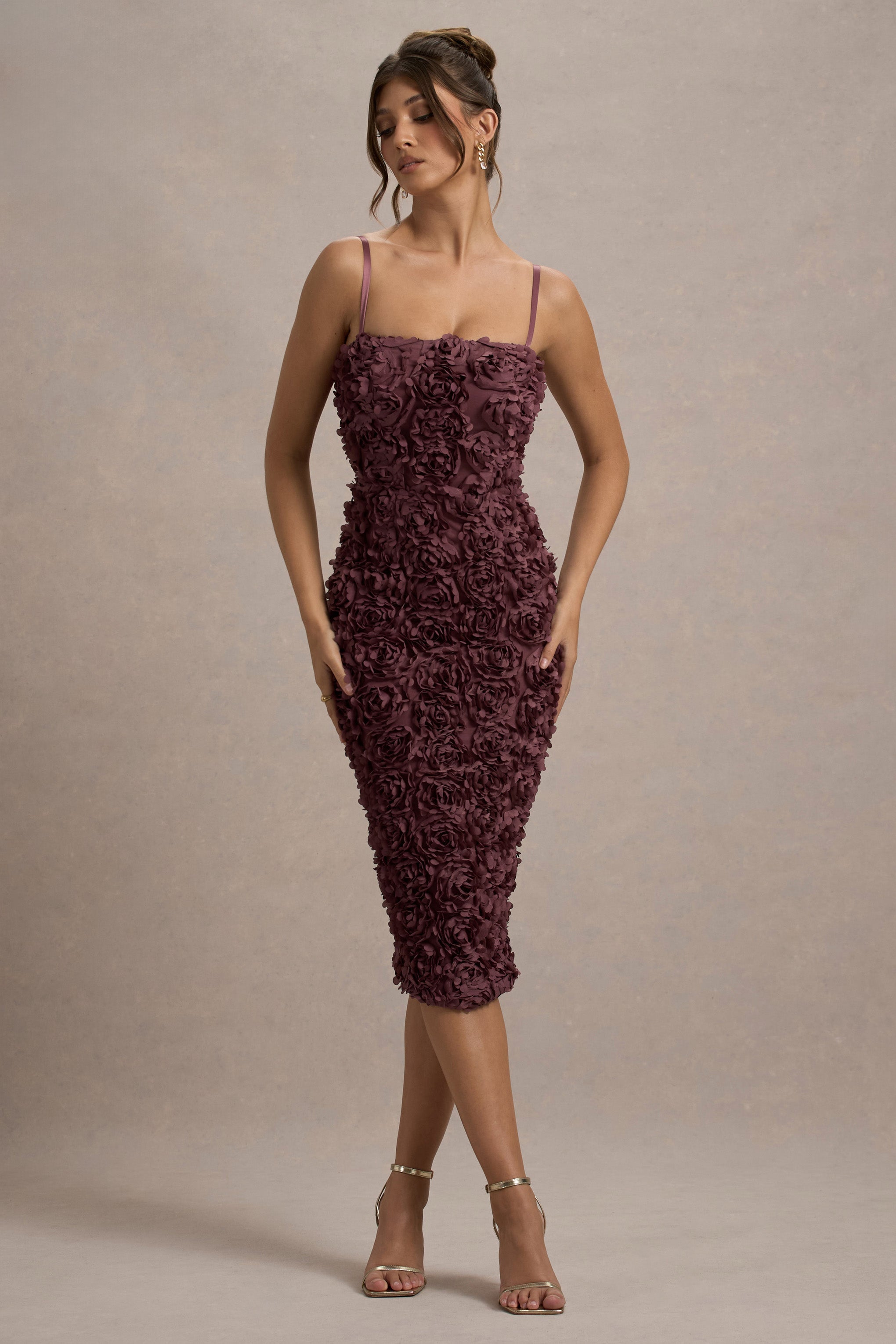New Love | Dark Mauve Strappy Midi Dress With Mesh Flowers