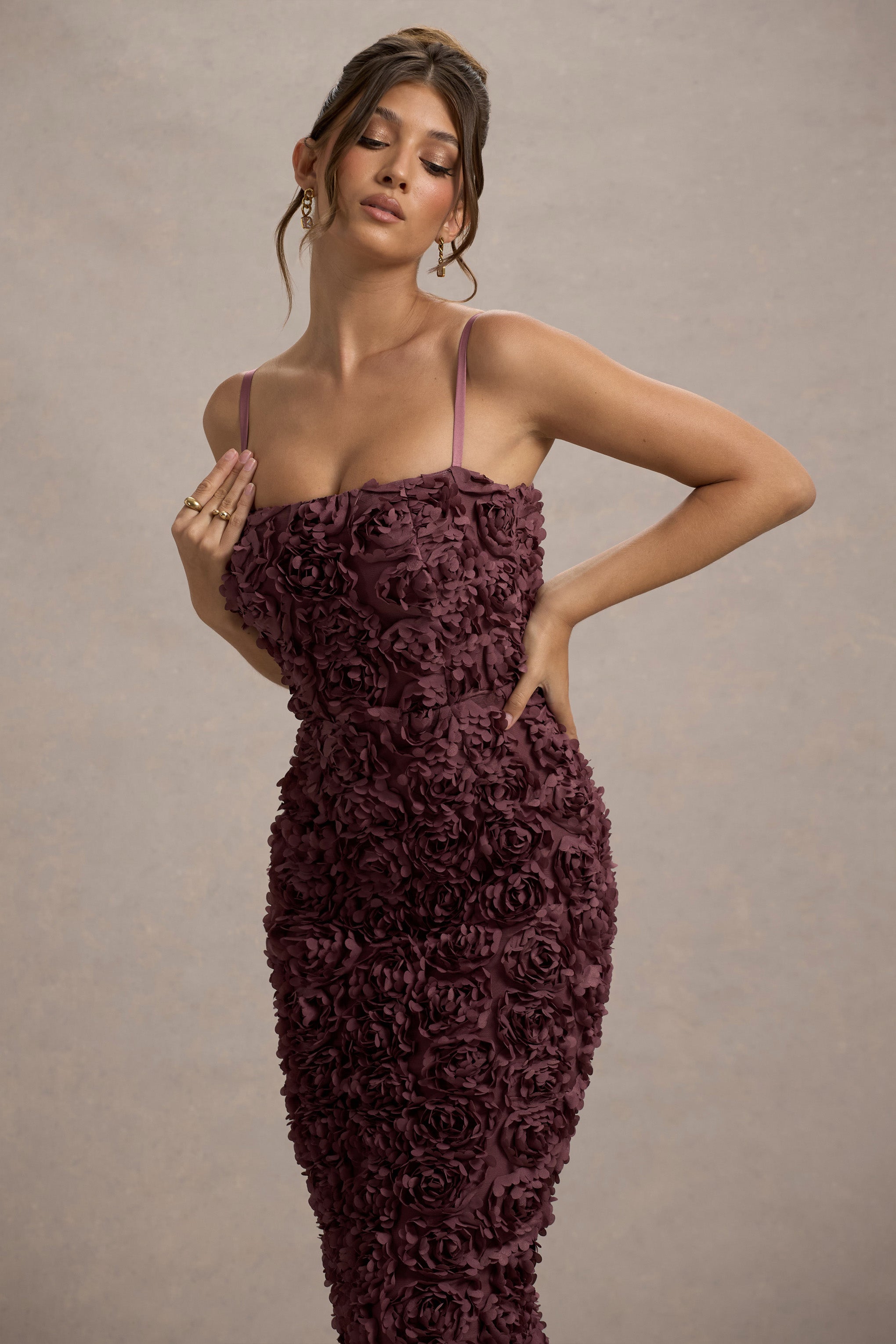 New Love | Dark Mauve Strappy Midi Dress With Mesh Flowers