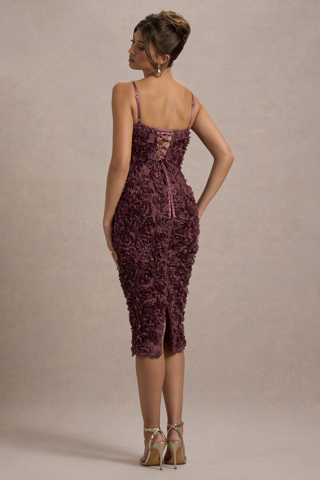 New Love | Dark Mauve Strappy Midi Dress With Mesh Flowers