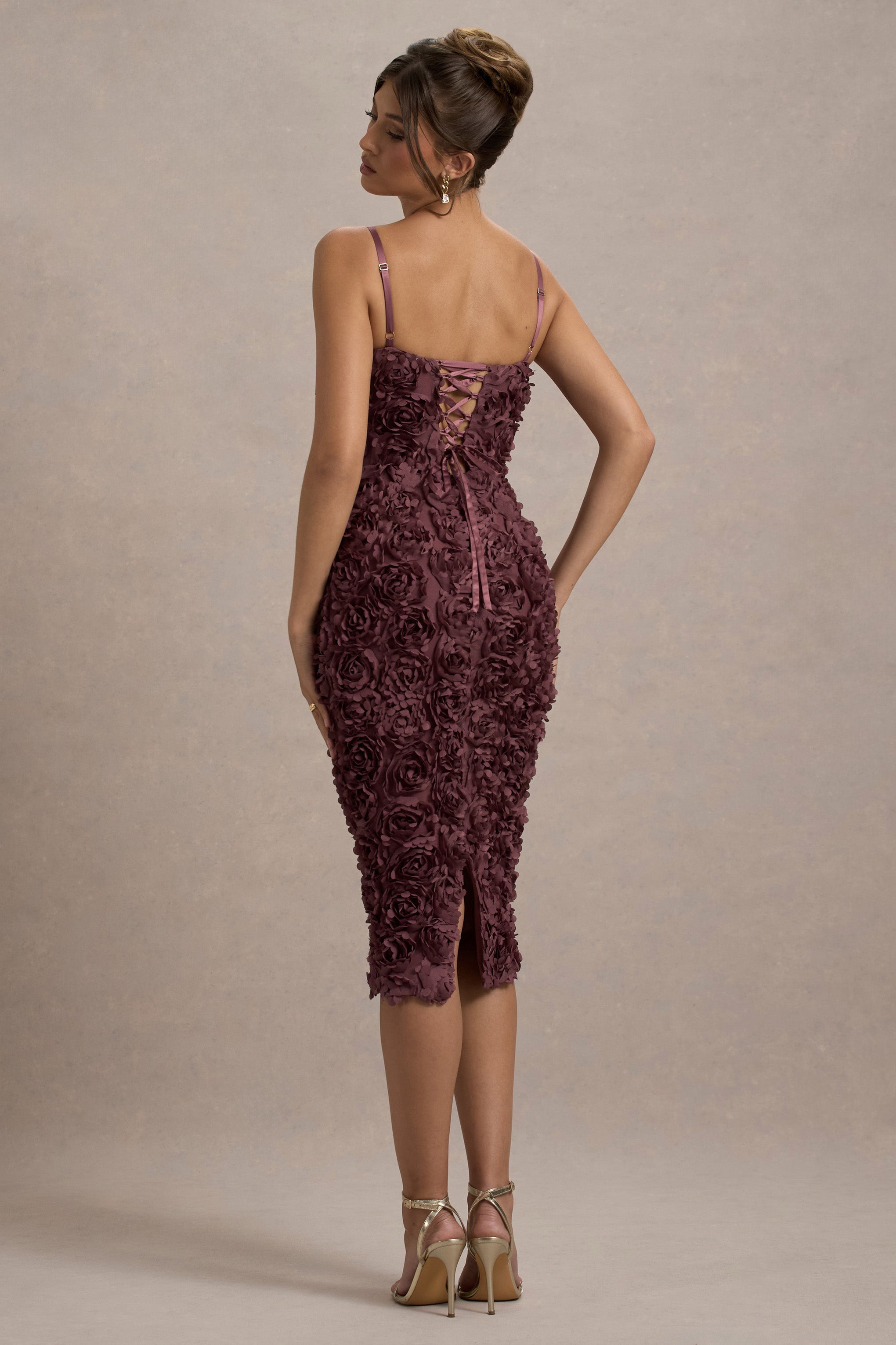New Love | Dark Mauve Strappy Midi Dress With Mesh Flowers