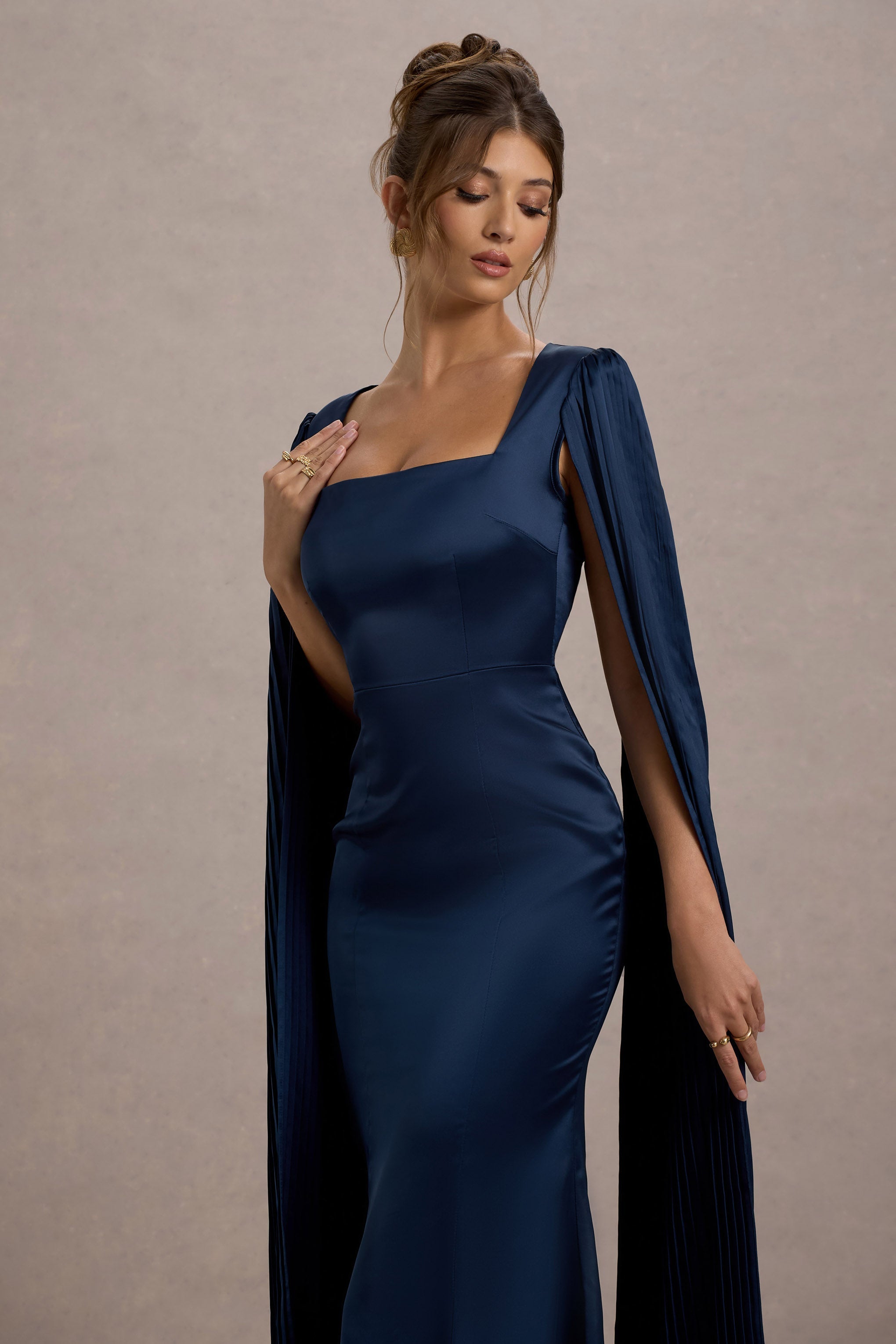Nalda | Navy Square-Neck Midi Dress With Cape Sleeves