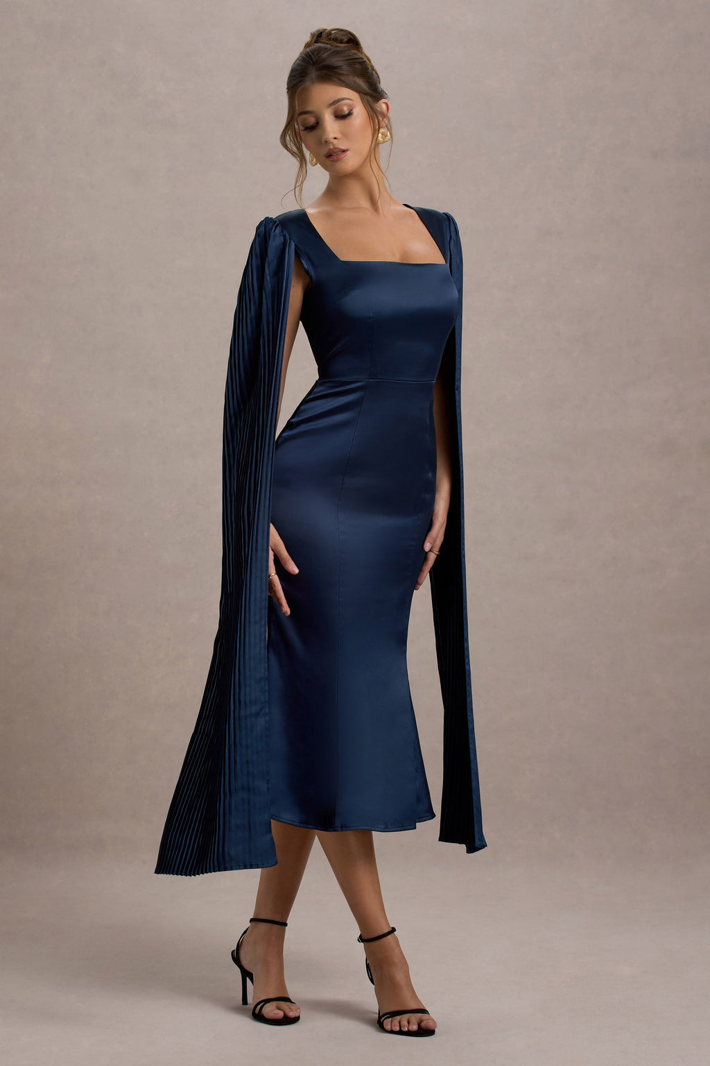 Nalda | Navy Square-Neck Midi Dress With Cape Sleeves