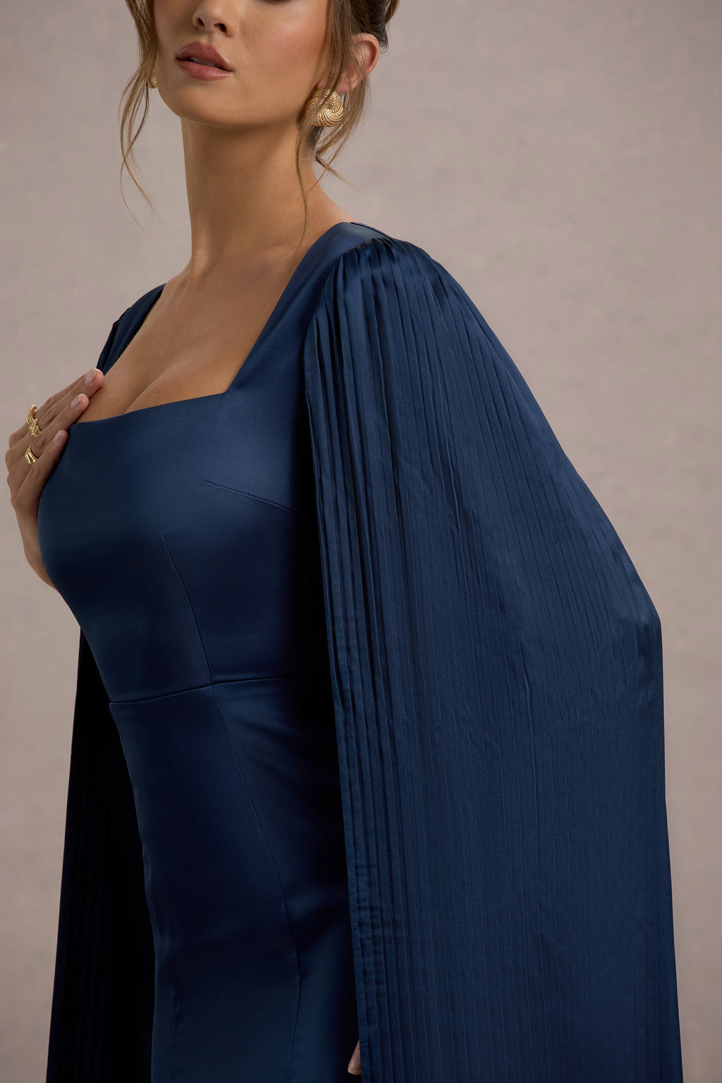 Nalda | Navy Square-Neck Midi Dress With Cape Sleeves