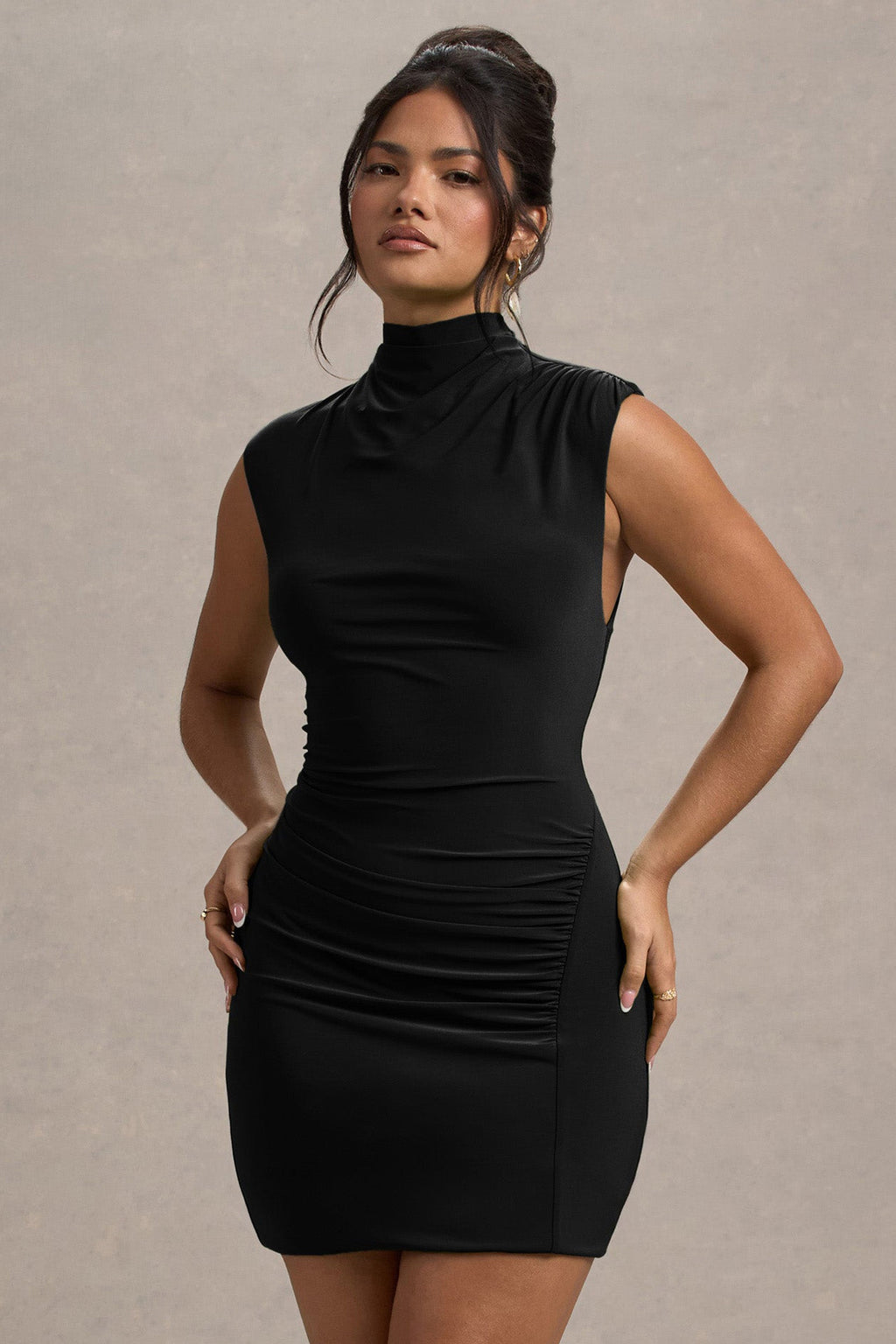 Lalani | Black Ruched High-Neck Mini Dress
