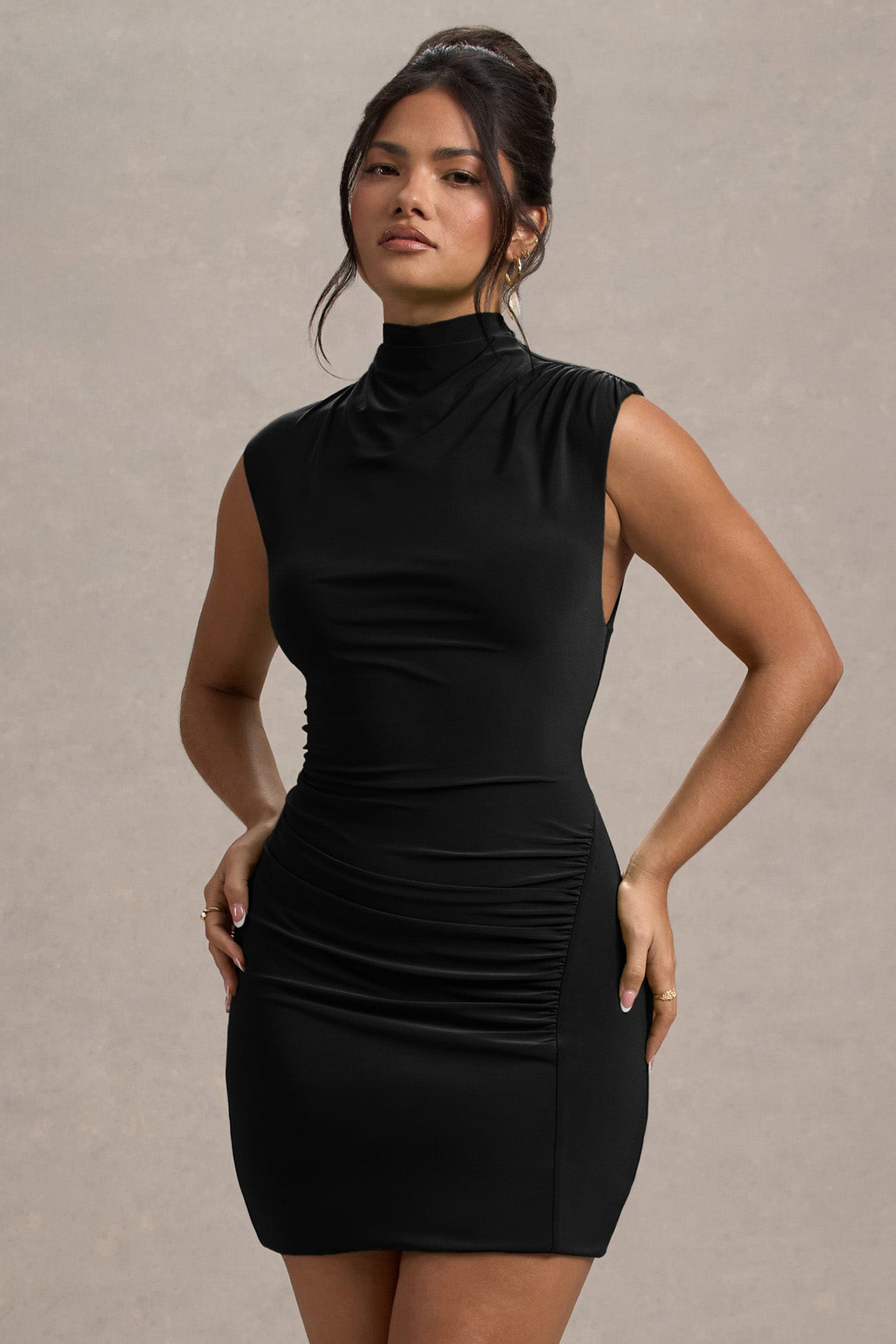 Lalani | Black Ruched High-Neck Mini Dress