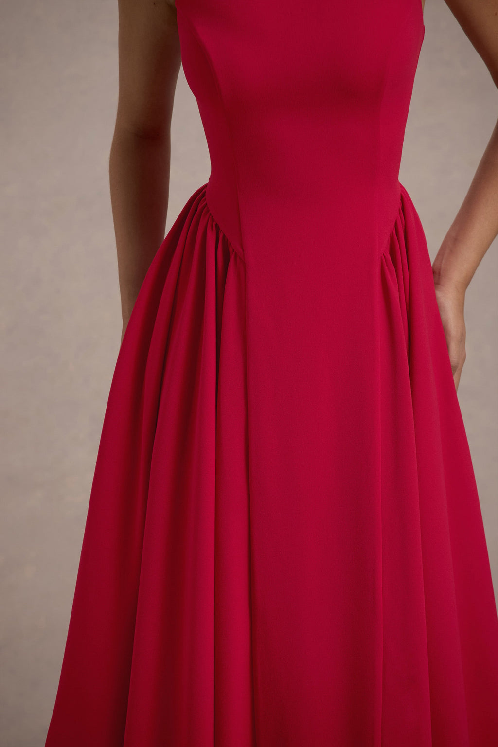 Muriel | Red Boat-Neck Volume-Hem Midi Dress