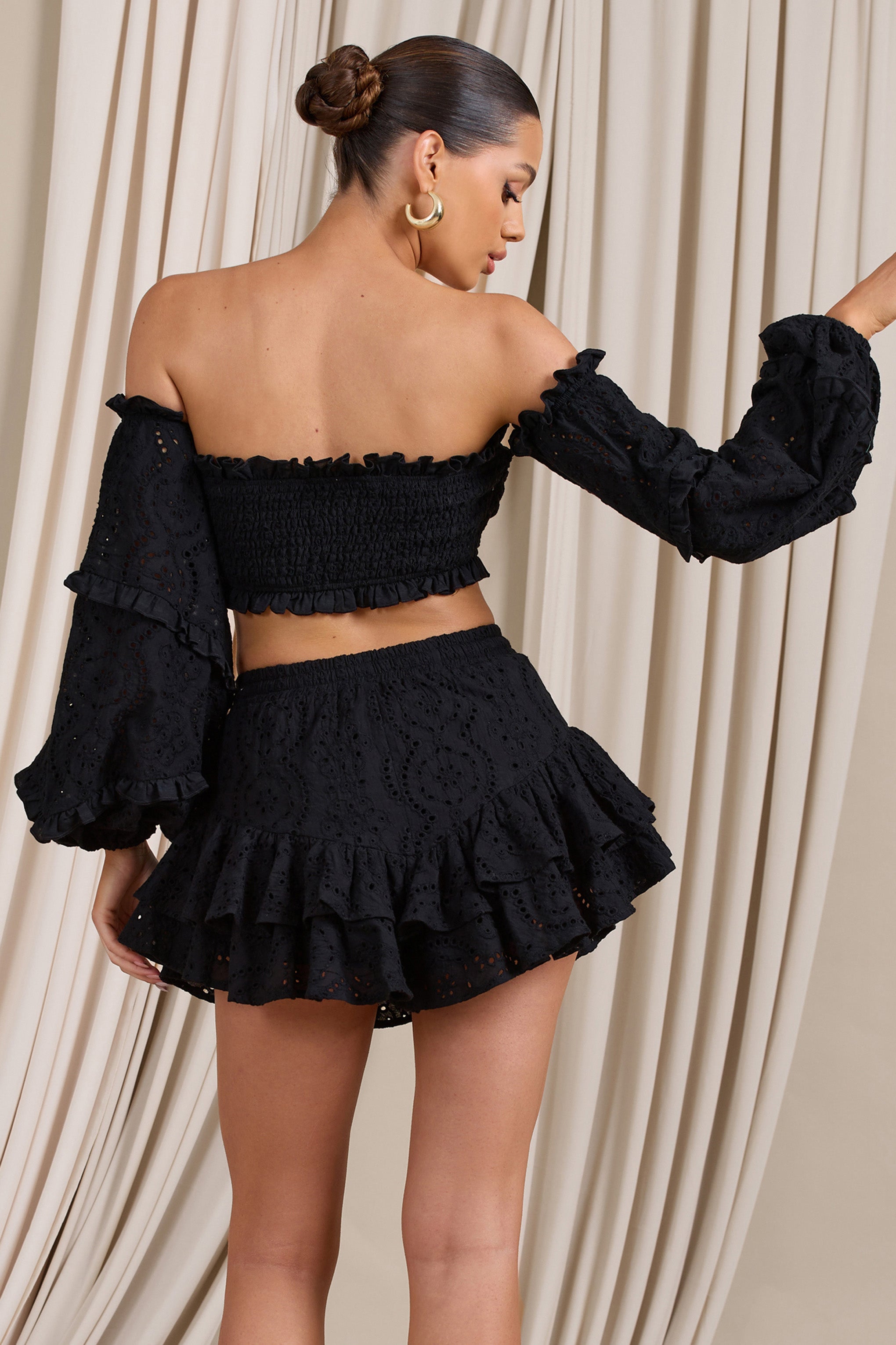 Postcard | Black Lace Bardot Puff-Sleeved Crop Top