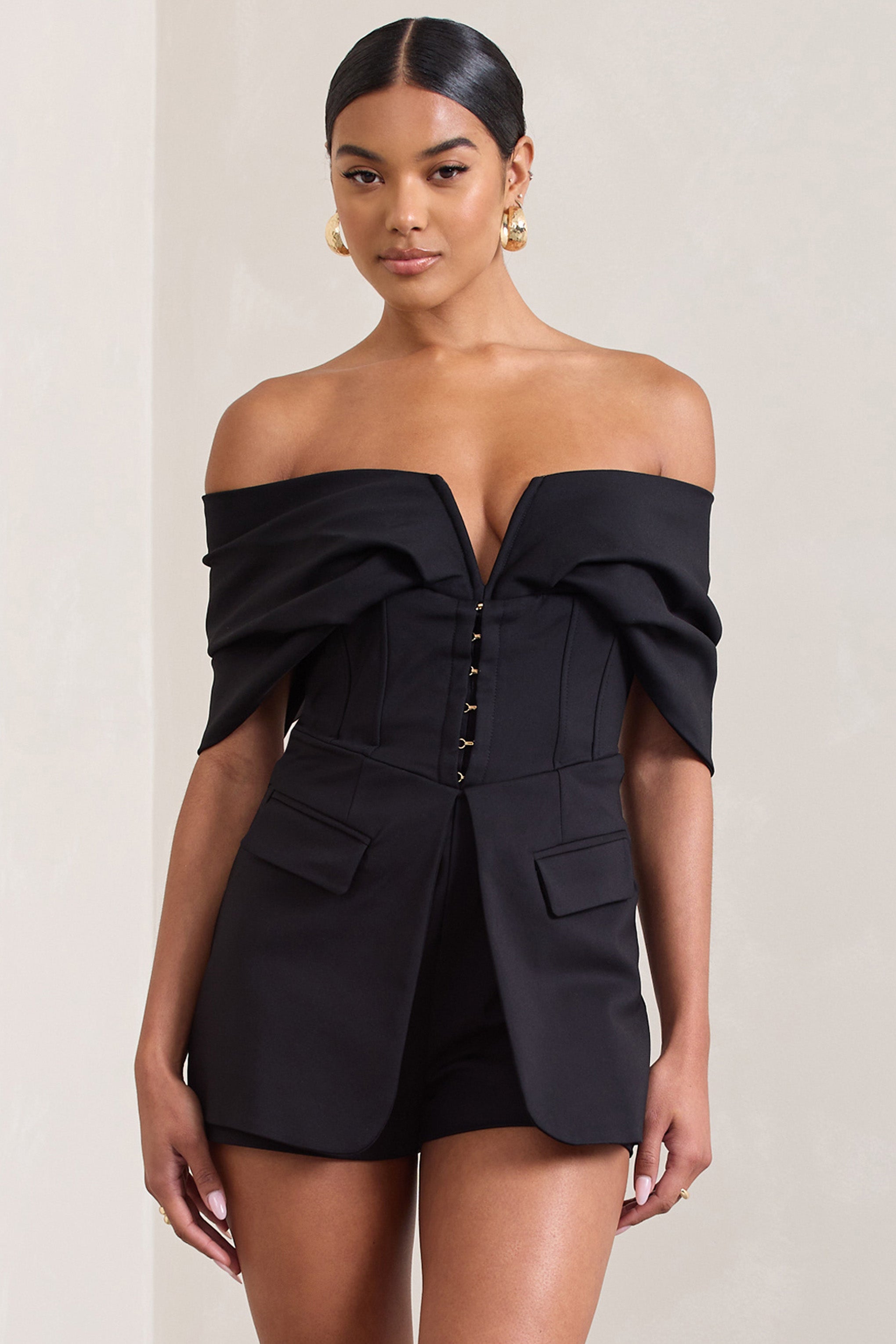 Damsel | Black Cotton-Blend Corset Bardot Playsuit
